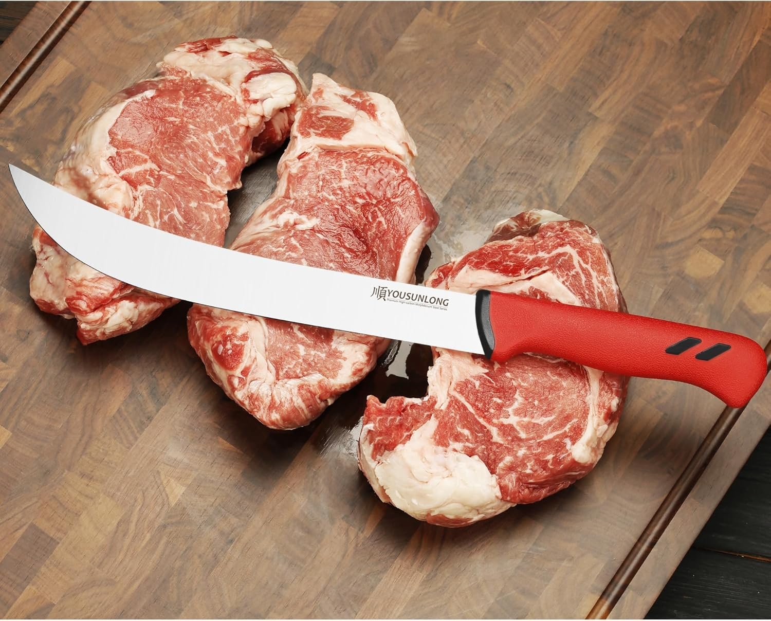 YOUSUNLONG Breaking Butcher Knife - 10 Inch Steak Knife Cimiter Knives - Premium High Carbon Molybdenum Steel Blade - Curved Knife - Santoprene Handle image number 2