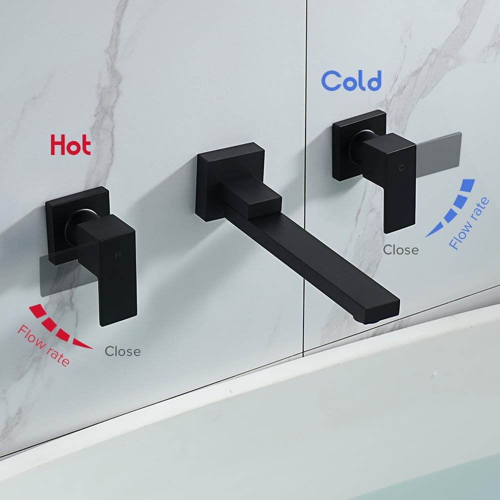 Decaura Bathroom Wall Sink Tap Set Basin Square Bath Swivel Spout Vanity Spa Bathtub Water Outlet with 1/4 Turn Twin Tap Faucet Brass (Matt Black) - Chrome image number 4