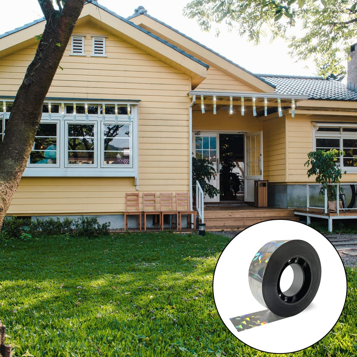 BEZANU Bird Scare Tape, 2.4Cm * 80M Double Sided Holographic Flash Deterrent Reflector for Repelling Animals image number 1