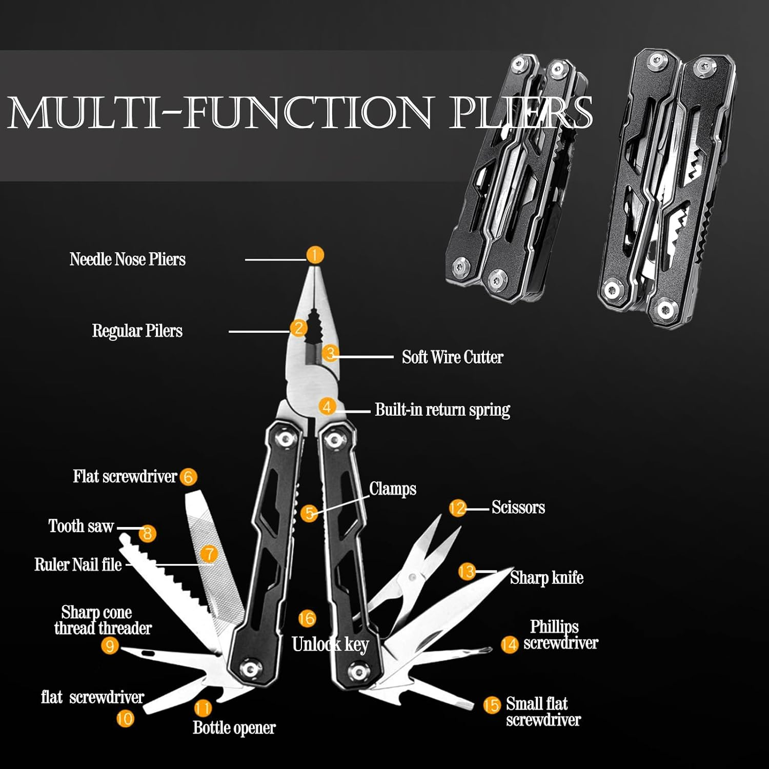 16-In-1 Folding Stainless Steel Multi-Tool with Pliers, Scissors, Knife, 2 Safety Locks, Belt Clip, Pouch image number 5