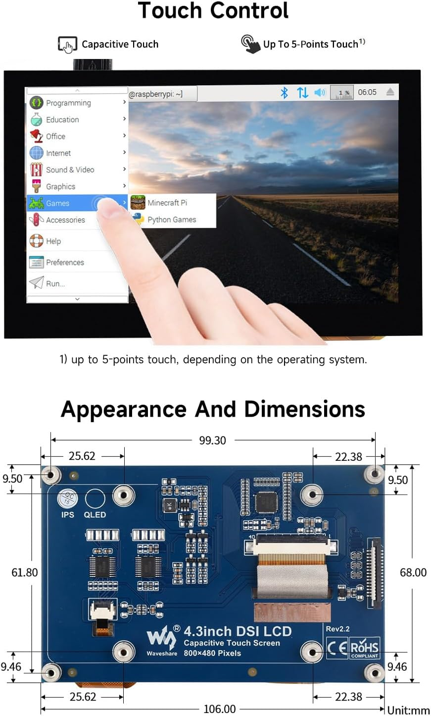 Waveshare 4.3Inch Capacitive Touch Small Display Compatible with Raspberry Pi 5/4B/3B+/3A+/3B/2B/B+/A+ CM3/3+ with IPS Wide Angle MIPI DSI Interface image number 2