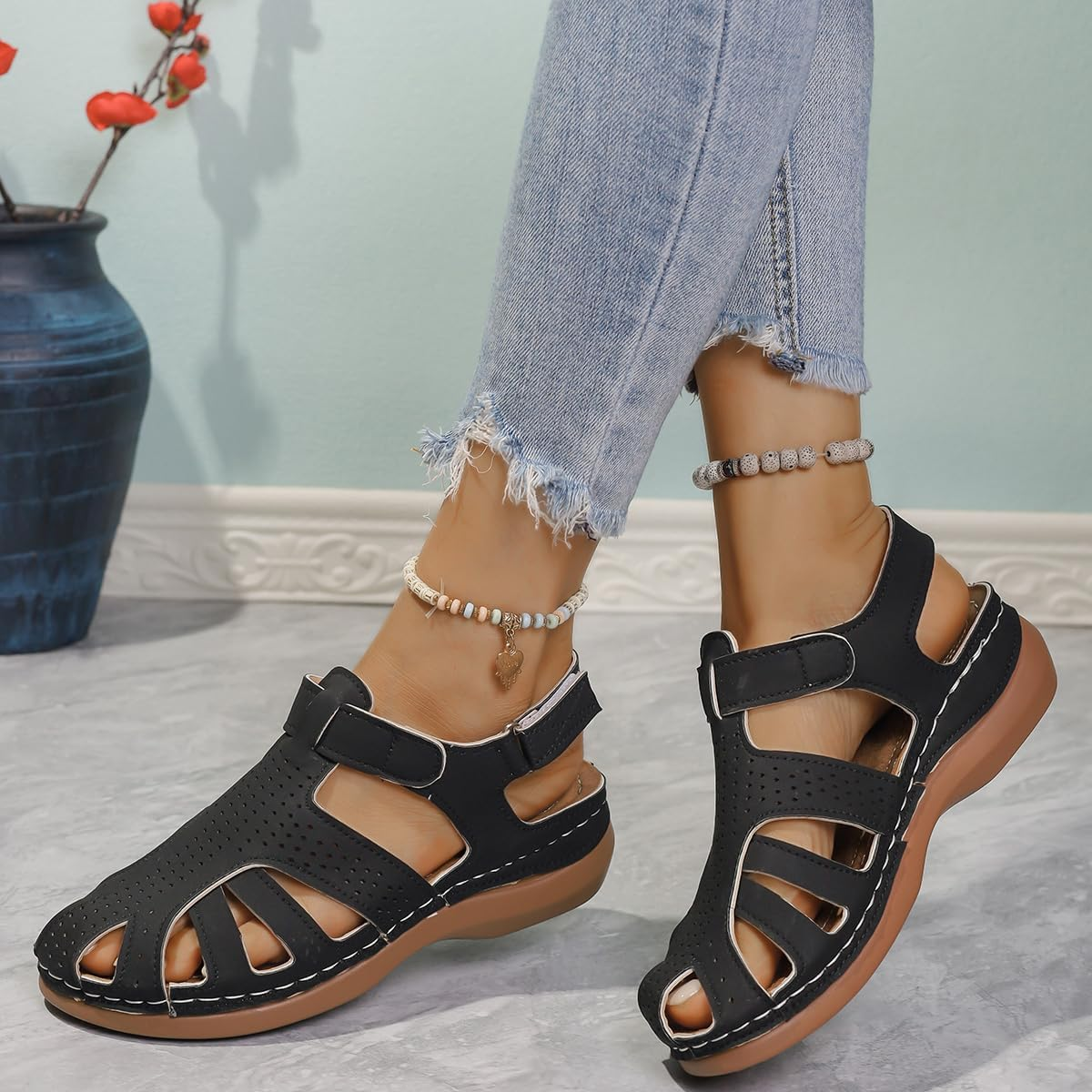 Wedge Orthopedic Sandals for Women Comfortable Closed Toe Summer Sandals Comfortable Hollow Out Sandal with Arch Support
