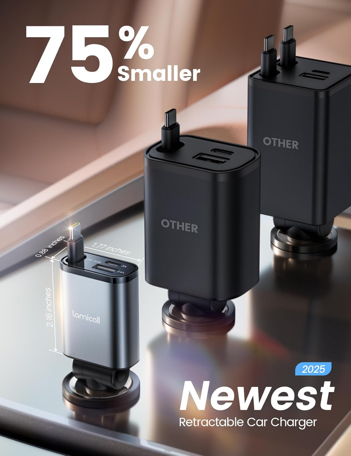 Lamicall Retractable Car Charger 3 in 1 USB C Fast Charging [Ultra-Compact, 75% Less Space] 57W Type C Car Charger Fit Iphone 16 16E 15 Pro Max plus Samsung Galaxy S25 S24 Ultra Pixel Android image number 2