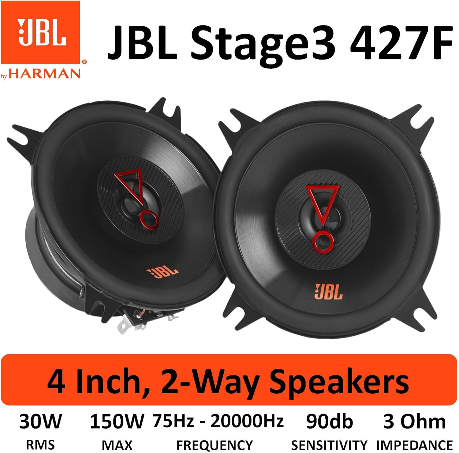 JBL Stage3 427F 2-Way Car Speaker Set by Harman Kardon - 150 Watt Car Speakers - 2 Pieces Car Hifi JBL Box Large 10 Cm - 100 Mm - 4 Inches without Grill Cover image number 5