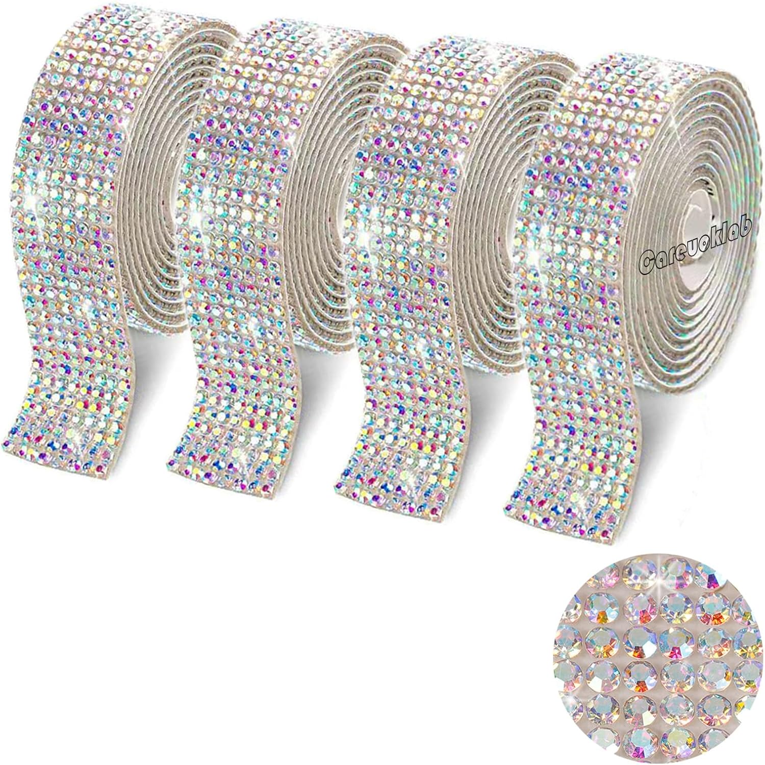 4 Rolls 8 Rows Self Adhesive Rhinestone Ribbon Crystal Diamond Sticker Bling Ribbon DIY Decoration with 2 Mm Rhinestone for Wedding Party Decor, DIY Art Craft 4 Yards (Crystal Clear)