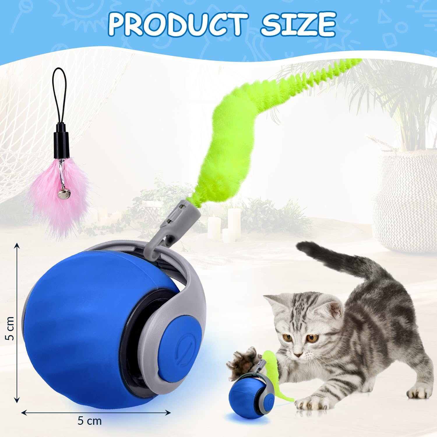 Slowton Interactive Cat Toy - Automatic Cat Ball Toy, Smart Cat Ball Toys Ball for Indoor Cats USB Rechargeable Cat Toys Electric Rotating Cat Toy with Plush Tail image number 1