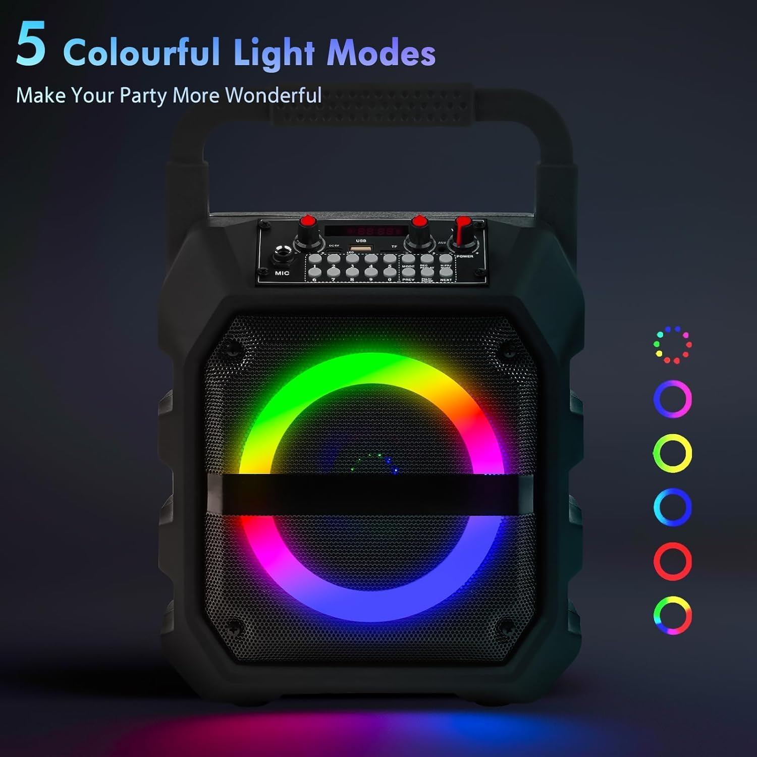Karaoke Machine,Potable Bluetooth Stero Speaker, Singing Machine with 2 Wireless Microphones LED Lights for Home Party Meeting Adults Kids Supports USB/TF/AUX/REC/FM image number 3