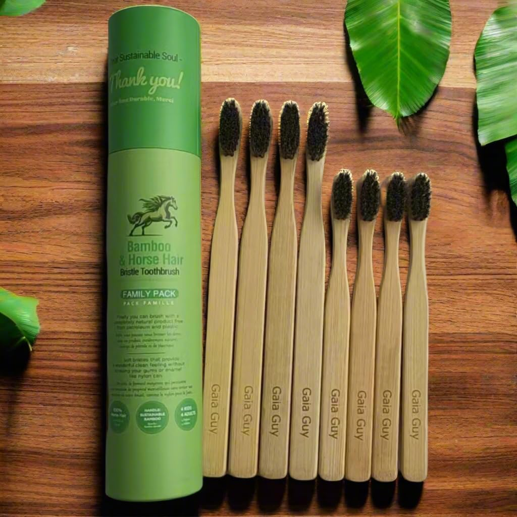 Gaia Guy Natural Bristle Bamboo Toothbrush Family Pack (NO Nylon - Horsehair ONLY) - Totally Compostable & Biodegradable Horse Hair Bristle and Bamboo Toothbrushes - Zero Waste - 4 Kids and 4 Adults image number 2