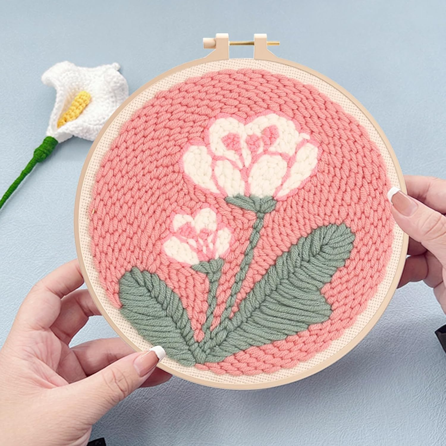 Punch Needle Embroidery Starter Kits for Kids and Adults Beginners, Include Instructions, Punch Needle Fabric with Floral Pattern,Punch Needle Tool with Pre-Print Fabric，Hoops, Yarns（Flower） image number 6