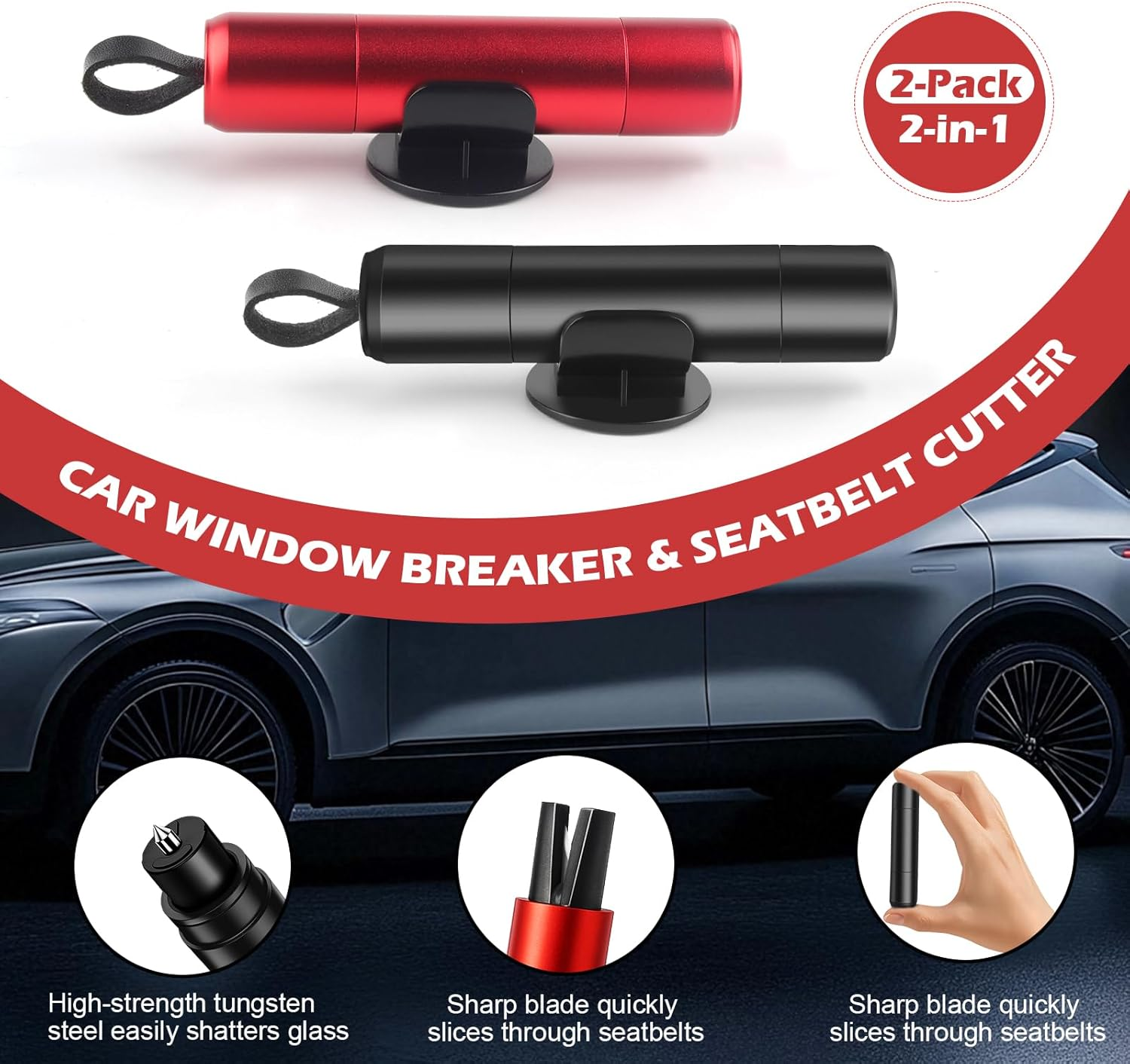 Eukyplace 2 Pack Window Breaker Seatbelt Cutter &ndash; Emergency Car Window Breaker Tool with Seat Belt Cutter and Glass Breaker &ndash; Car Seat Unbuckle Tool, Red & Black image number 6