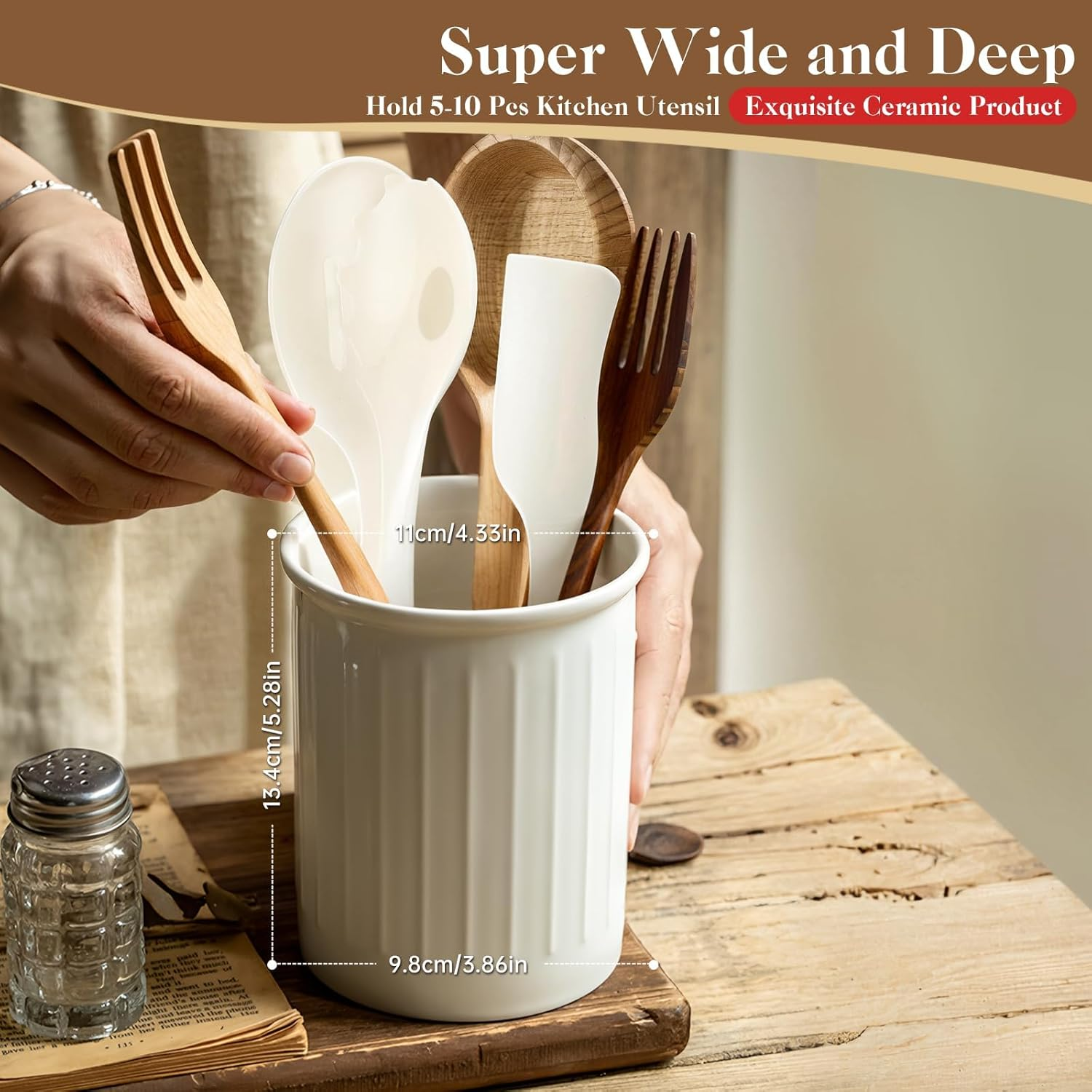 Ceramic Cutlery Holder for Kitchen, Utensil Holder Ceramic, Relief Utensil Pot, Worktop Storage, Cutlery Holder, for Kitchen Counter Storage, Glossy Glaze, White, 5.3 X 4.3 Inches