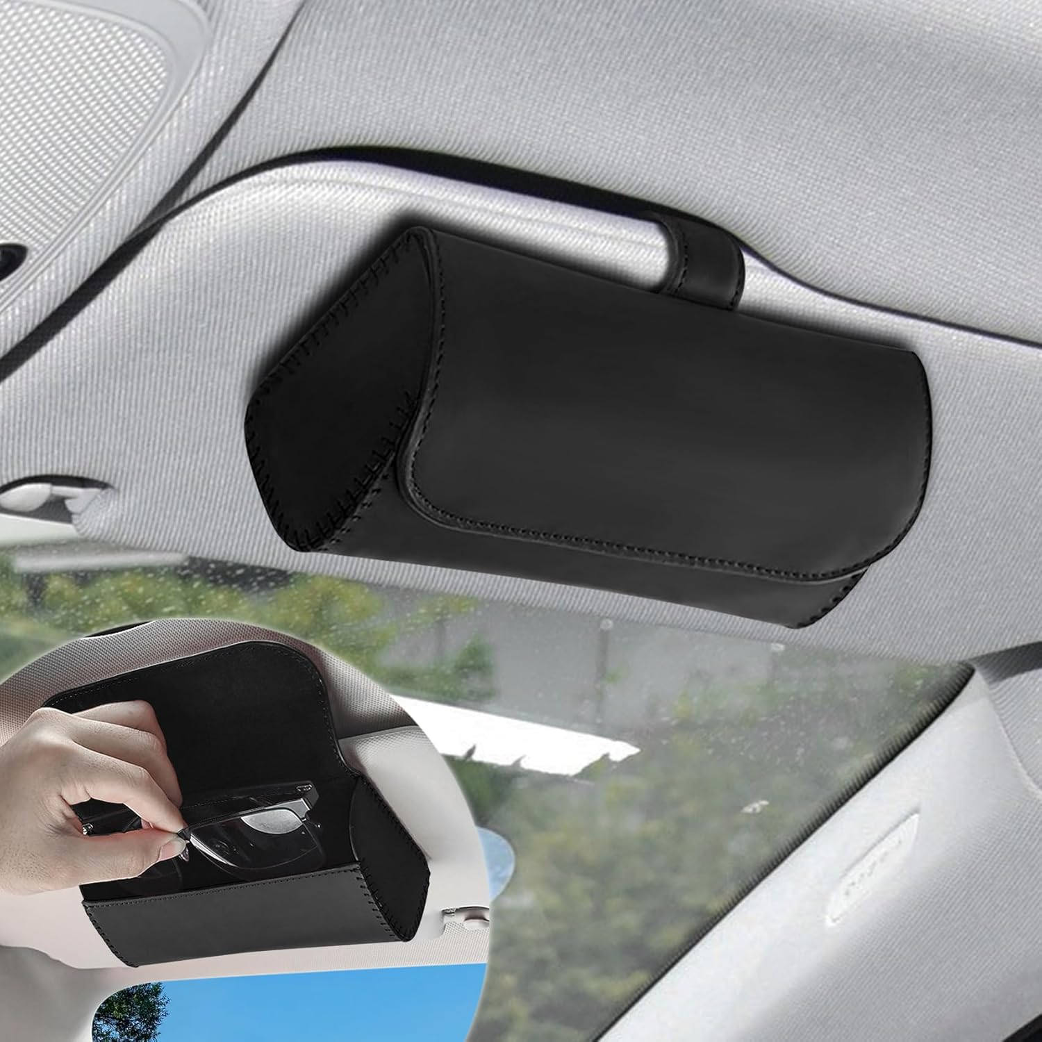 WINUERK Sunglass Holder for Car Visor, Leather Car Eyeglass Holder with Clips, Visor Accessorie Glasses Protective Storage Casef for Women Men, Universal Car Interior Accessories Fit All Cars (Black)