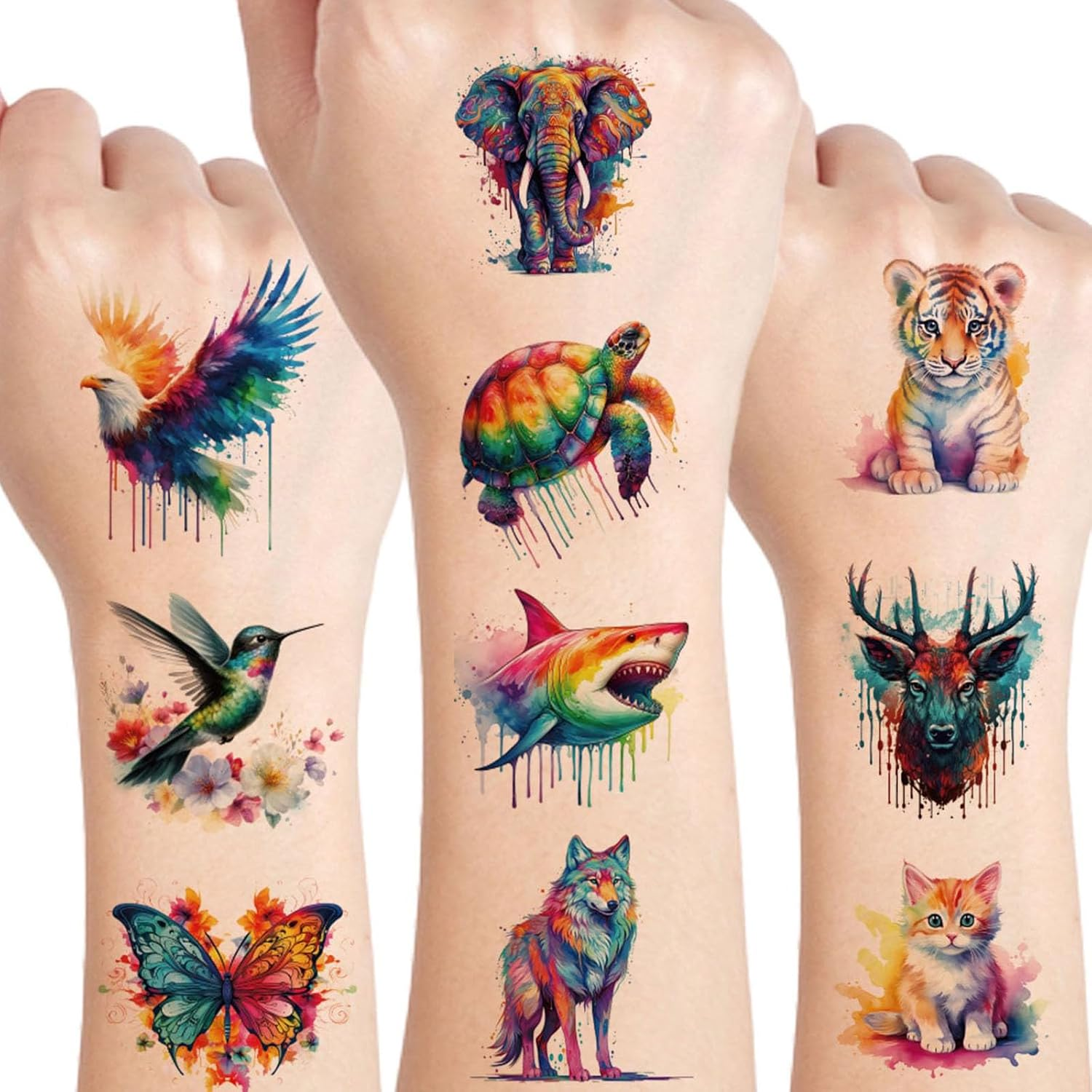BUYLONG Kids Watercolor Animal Temporary Tattoos - 60 Styles for Girls Boys Body Arm Shoulder Tattoo Stickers Birthday Party Decoration Supplies Kids Gifts image number 1