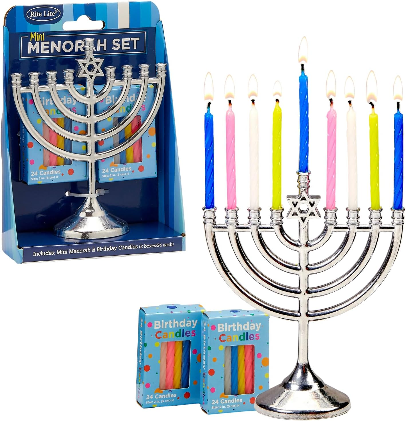 Rite Lite Mini Menorah Set with 48 Multicolor Birthday Candles - Portable Chanukah Candle Holder Diecast Aluminum Menorah Hanukkah Gifts Jewish Party Favors Living Room Holiday Decor Centerpiece 5" H image number 5