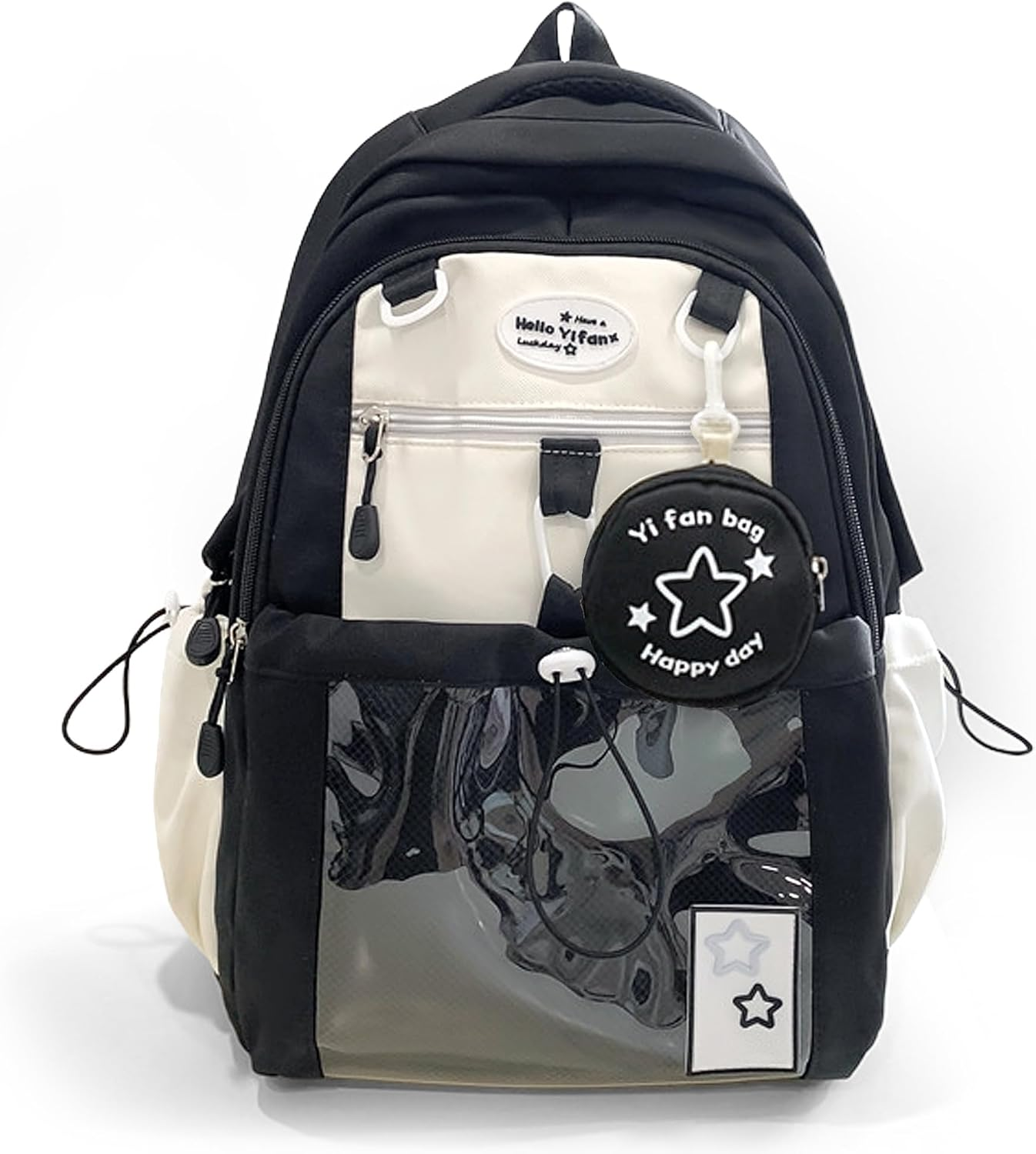 UINSUE Kawaii Backpack Double Shoulder Bag with Cute Star Removable Pouch Clear Pocket Large Capacity Dopamine Colors Daypack