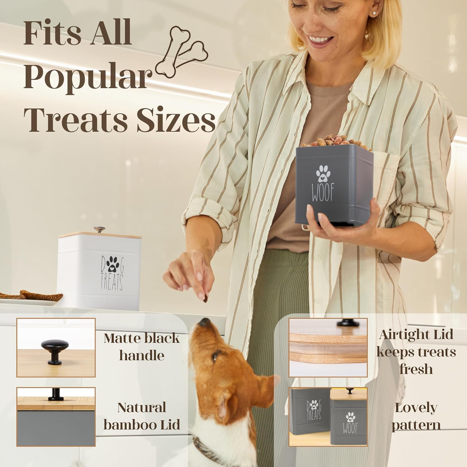 PERFNIQUE Dog Treat Container Set of 2 with Airtight Lid, Dog Cookie Jar for Kitchen Counter, Pet Treat Canister and Storage, 7.8X6.2 & 7.3X5.5 (Grey) - Sage Green image number 5