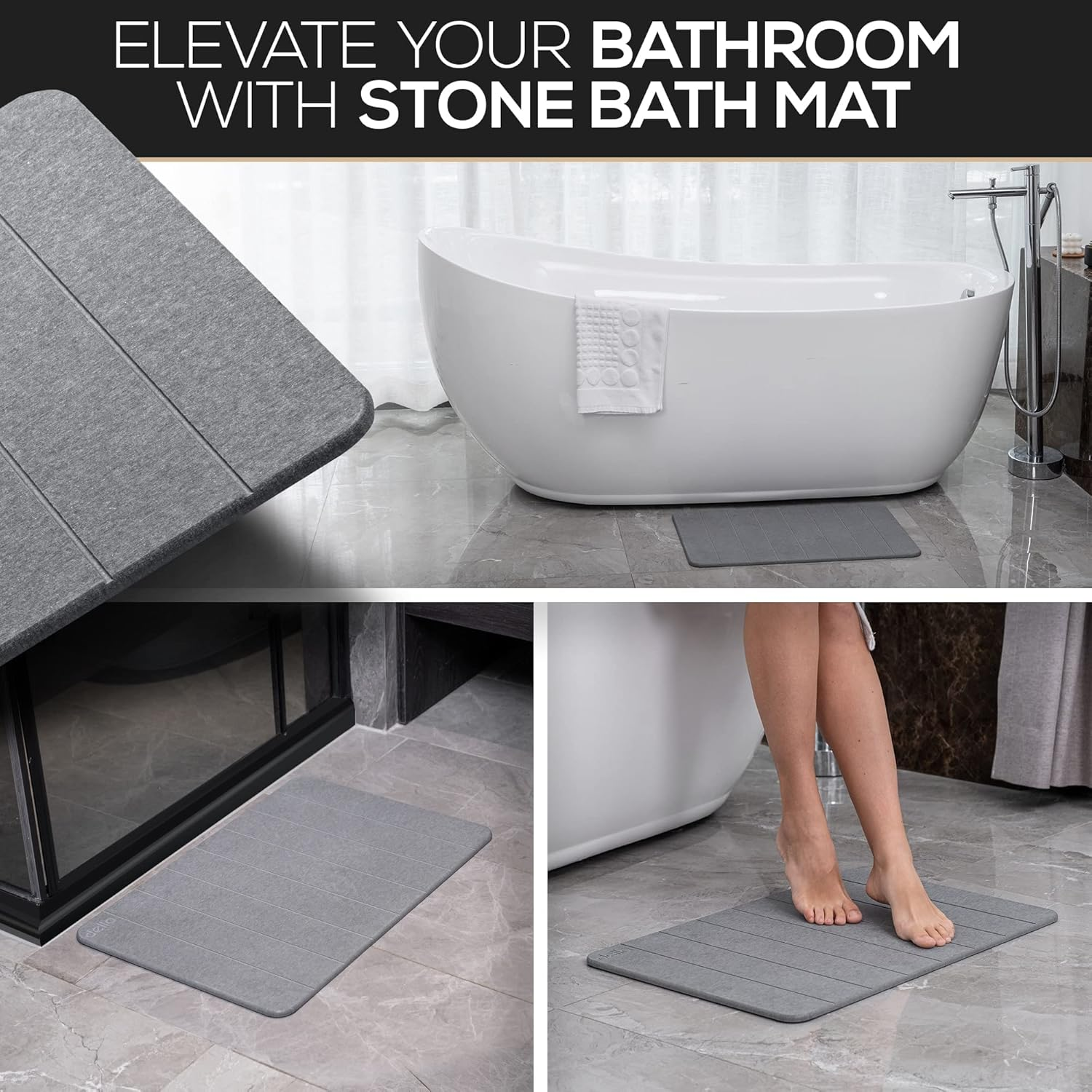 Della Premium Stone Bath Mat - Luxurious Quick Drying Diatomite Bathstone for Bathroom Floor - Modern Super Absorbent Diatomaceous Earth Shower Mat, Water Absorbent Bathmat (Stripes) image number 1