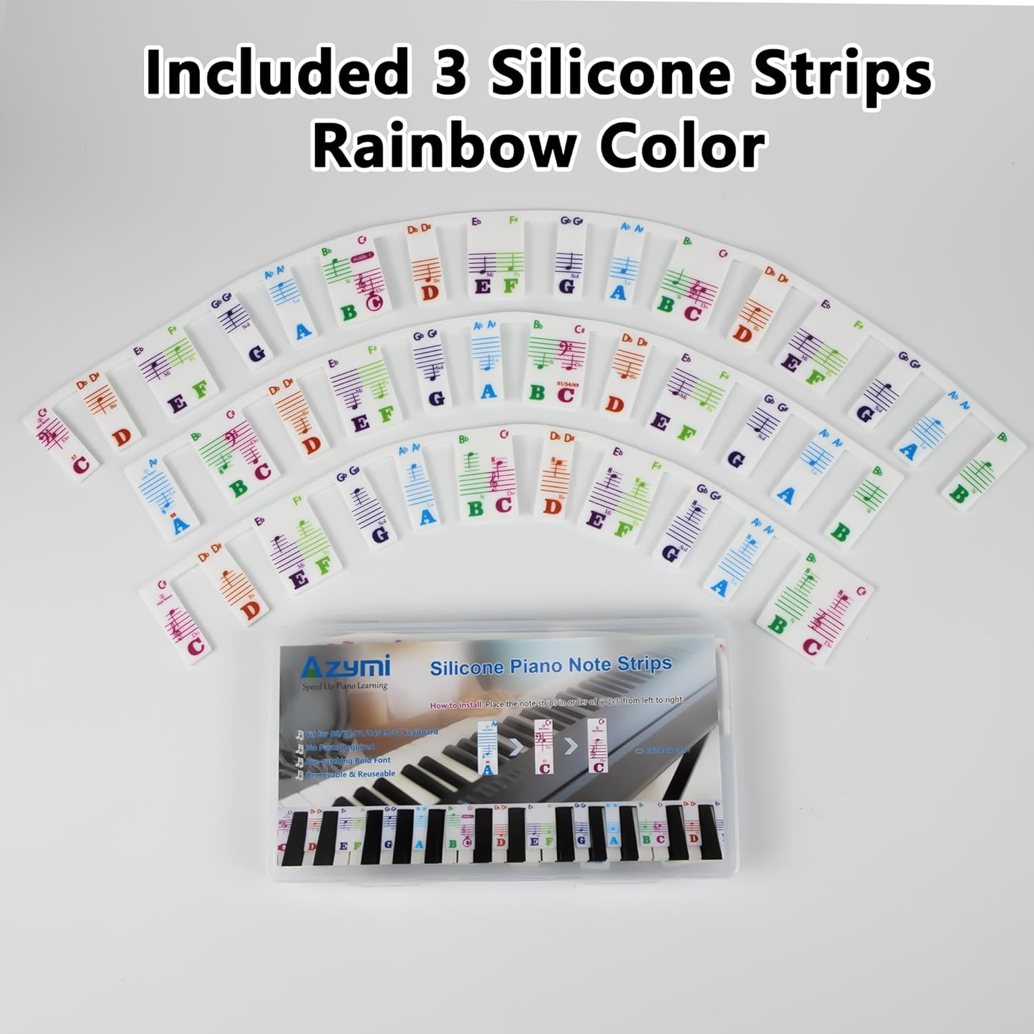 Silicone Piano Key Labels, Azymi Piano Note Guide 88-Key Full Size, Reusable Keyboard Notes Overlay Strips for Beginners with Multi-Color Large Bold Letter image number 5