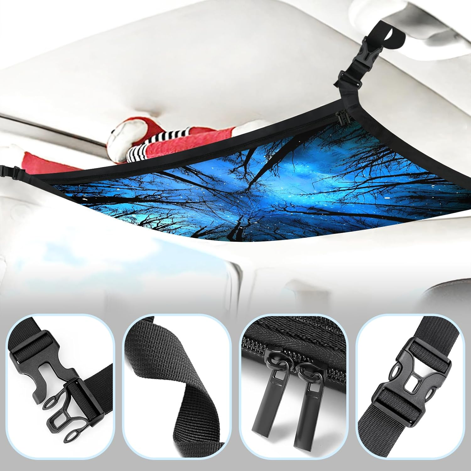 Blue Starry Night Sky Fantasy Trees Car Ceiling Cargo Net Large Storage Pocket 31.5"X23.6" Adjustable Roof Double Layer Net Strengthen Loadbearing Storage Organizer for SUV Trip Camping