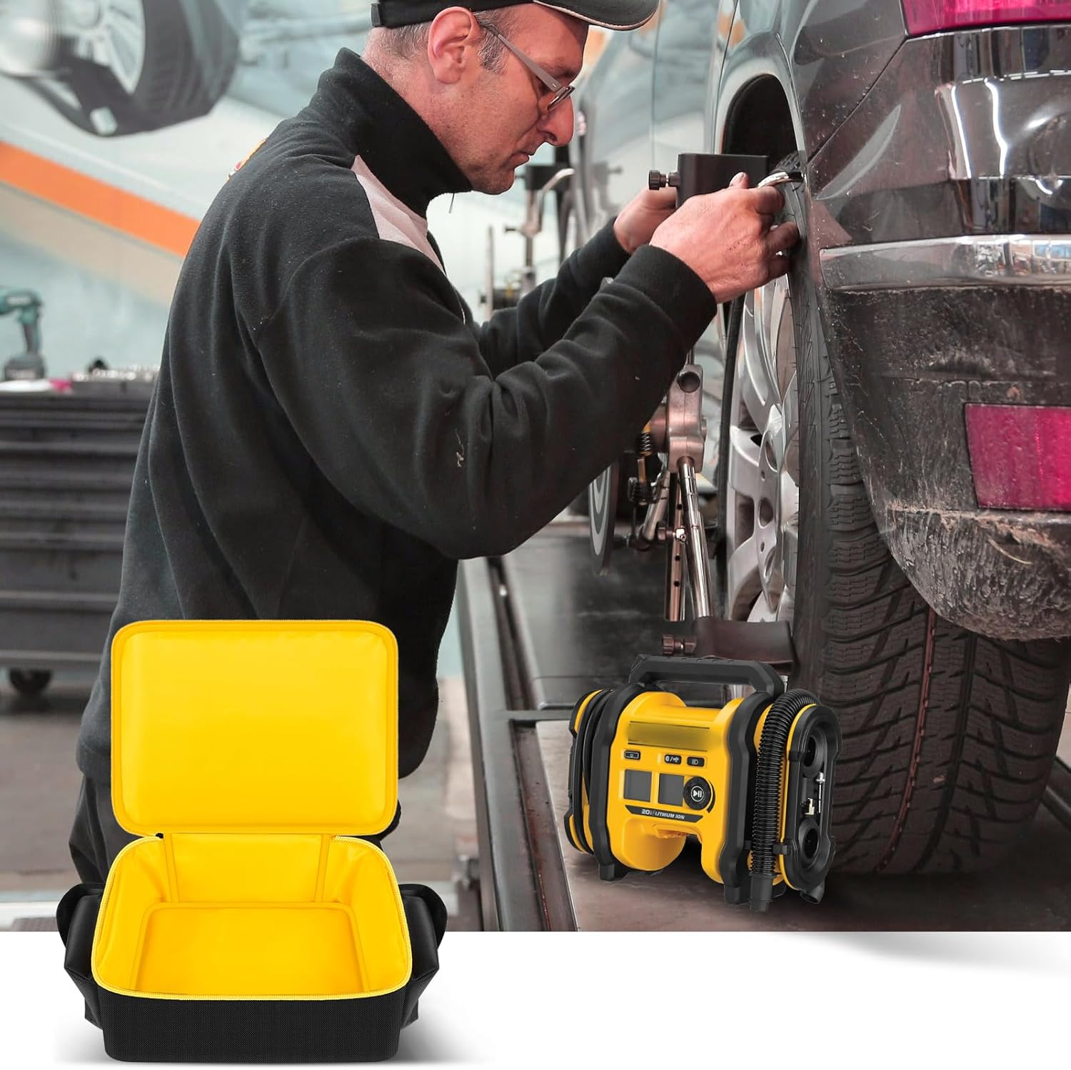 Air Compressor Bag Case Compatible with DEWALT 20V MAX Tire Inflator DCC020IB, Cordless Tools Storage Holder Organizer with Pocket for Battery Pack and Charging Kit -Inner Yellow (Box Only) image number 6