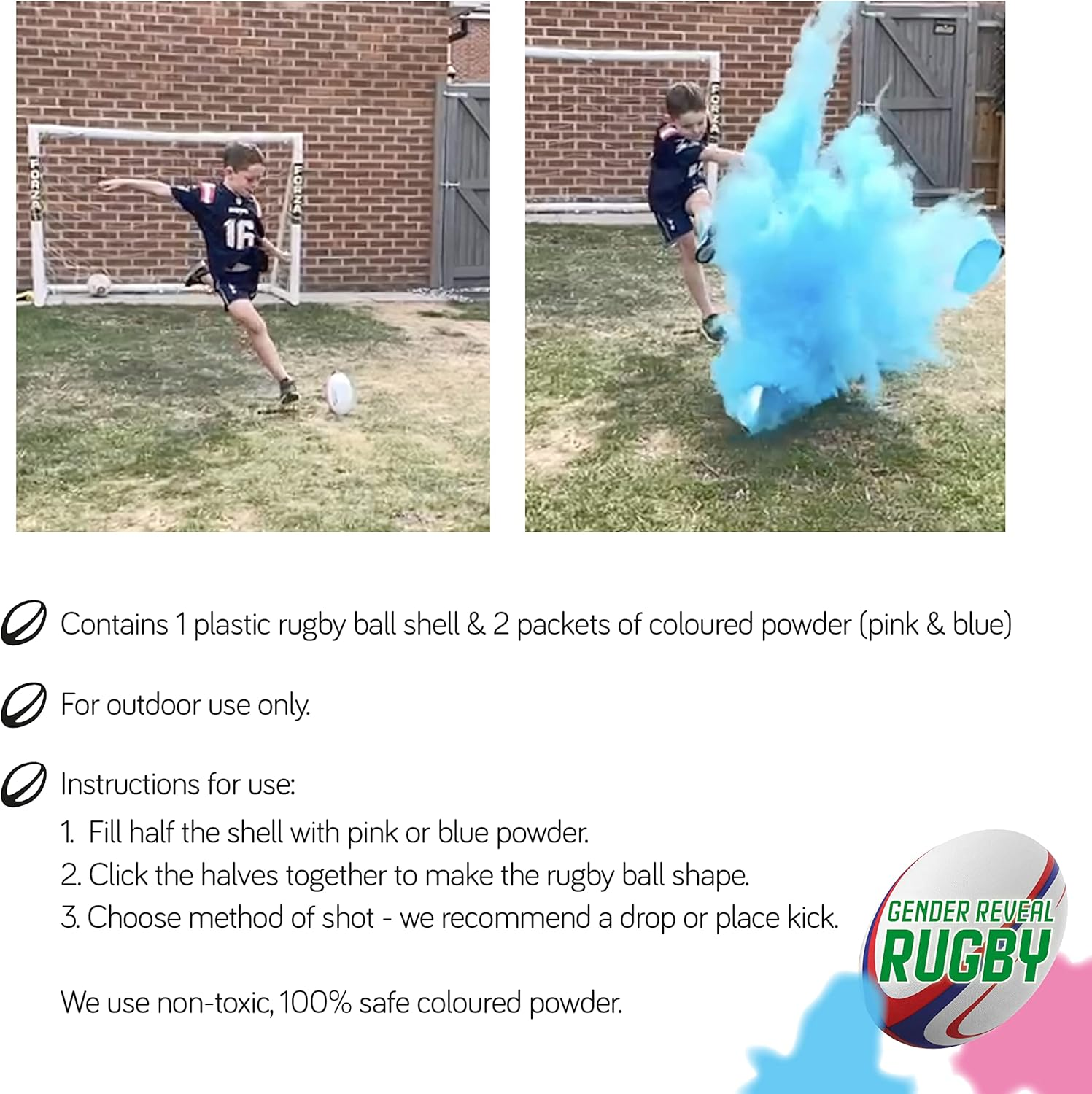 Sass Party & Gifts Gender Reveal Exploding Rugby Ball - Includes Blue and Pink Powder - Perfect Reveal for Rugby Fan image number 1