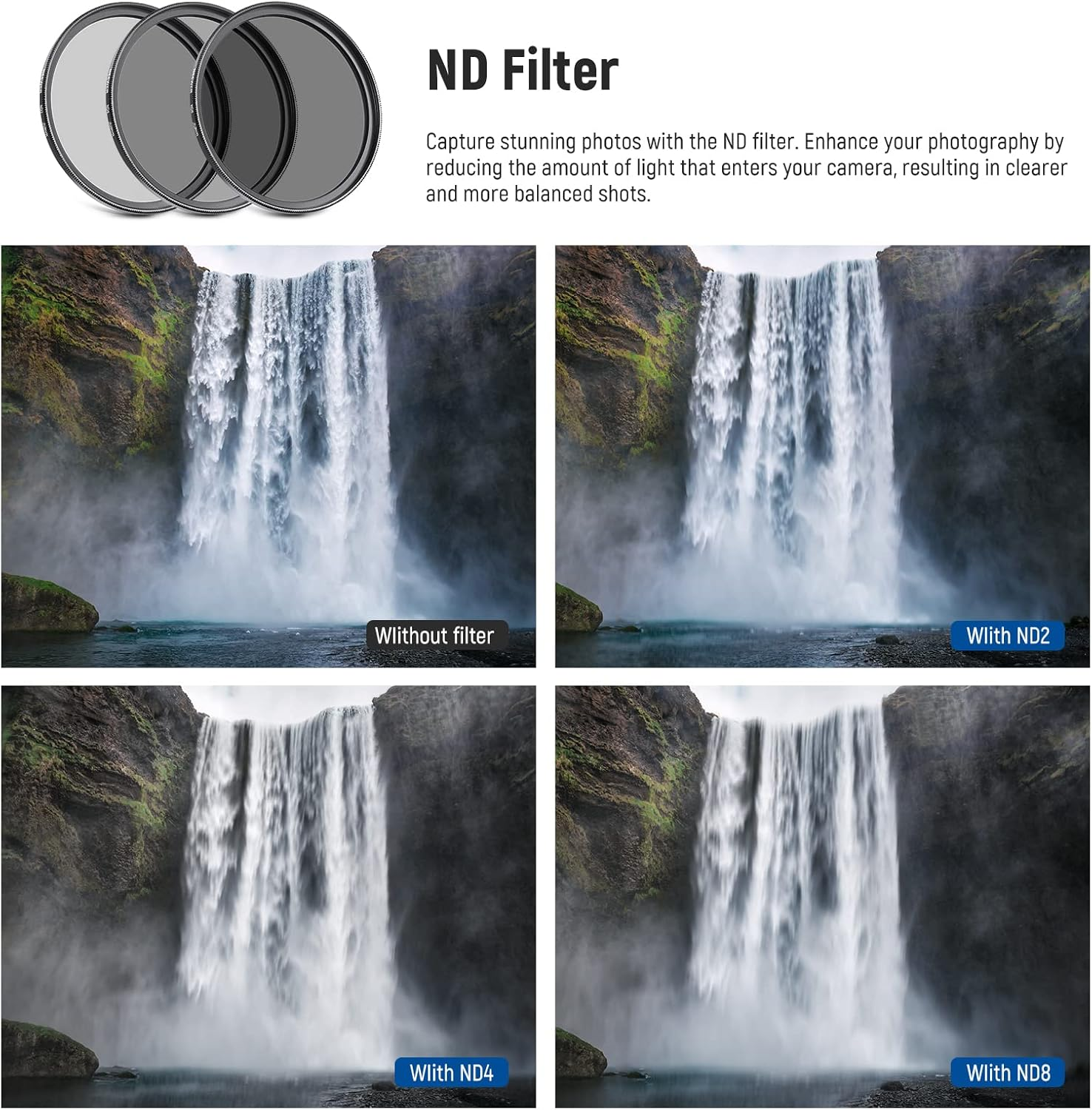 NEEWER 52Mm Nd/Cpl/Uv/Fld/Close up Filter and Lens Accessories Kit with ND2 ND4 ND8, Close up Filters(+1/+2/+4/+10), Tulip Lens Hood, Collapsible Rubber Lens Hood, Lens Cap, Filter Pouch image number 6
