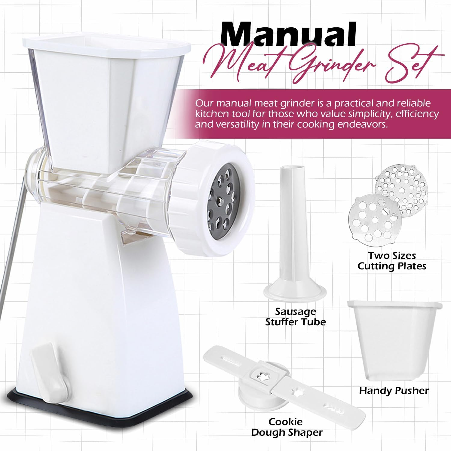 Manual Meat Grinder with Heavy Duty Suction Base &ndash; Stainless Steel Blades 2 Cutting Plates Sausage Stuffer Tube Cookie Dough Shaper & Pusher 3-In-1 Multifunctional Food Mincer for Meat Veggies Baking image number 6