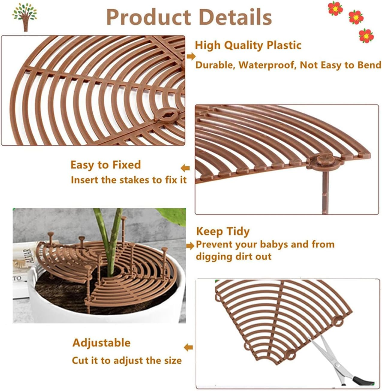 JIAYUYUARPY 2Pack Plant Pot Grid, Flower Pot Protectors, Cuttable Floor Cover Protectors with Deep Stakes, Dogs, Cats Digging Stopper, Plant Grid Pot Cover(Brown) image number 5