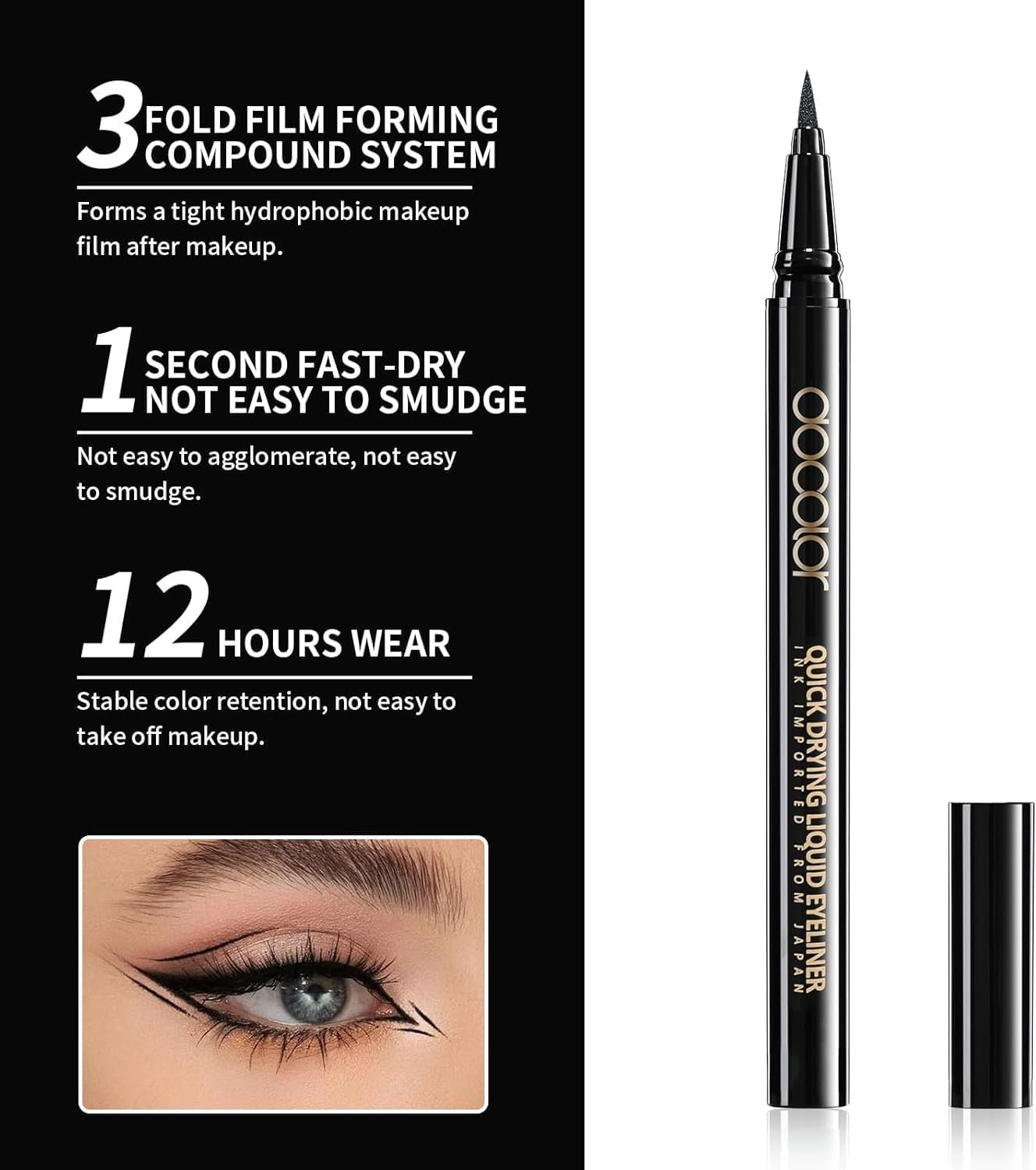 Docolor Waterproof Eyeliner, Pen Super Slim Liquid Precise - Smudge Proof All Day Long-Lasting Eye Liner (Black) - Gold image number 7