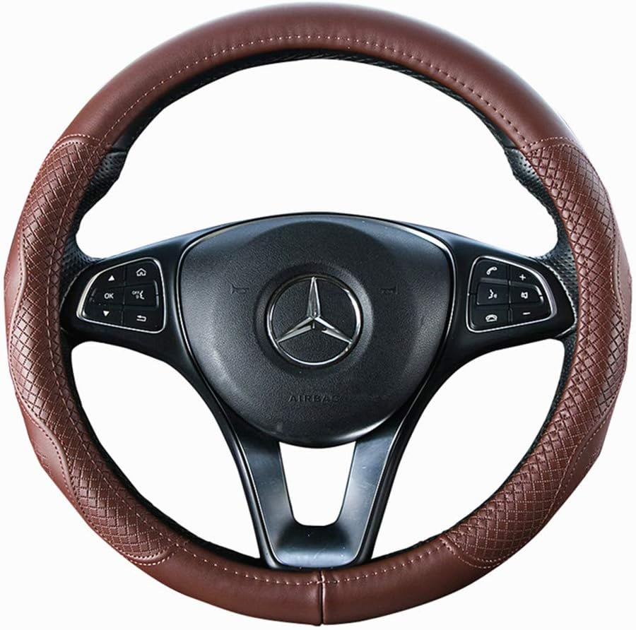 Brown Wheel Cover Cowhide Steering Wheel Cover Brown Leather Car Steering Wheel Cover Universal Size M/15Inch Fit Car/Auto/Suv (A-Brown-M) image number 1