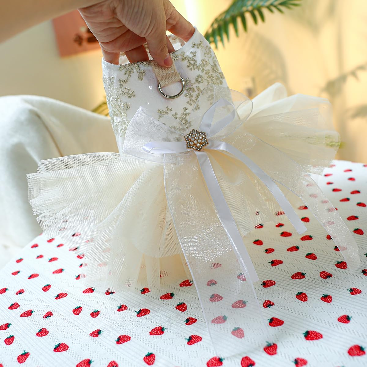 Champagne Dog Dresses for Small Dogs Girl with Leash Ring & Bow Decor,Luxury Dog Wedding Dress with Multi-Layer Princess Tutu Skirt, Embroidered Cat Flower Dress(Large) image number 1