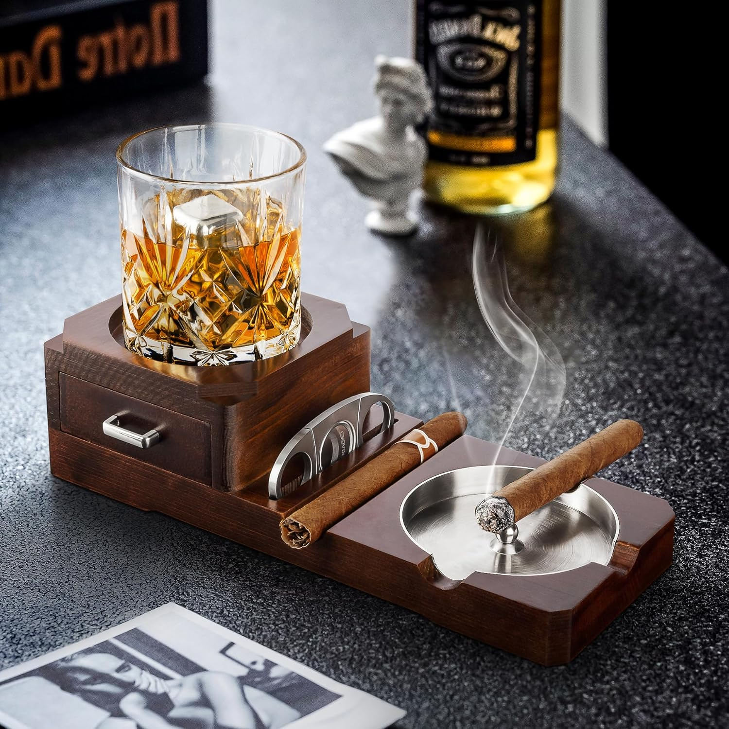 Grovind Cigar Ashtrays, Whiskey Glass Tray and Wooden Ash Tray Detachable Outdoor Ashtray for Cigarettes, Gift Set with Cigar Cutter, Great Decor for Home Office Gifts for Men - Gold Yellow image number 2