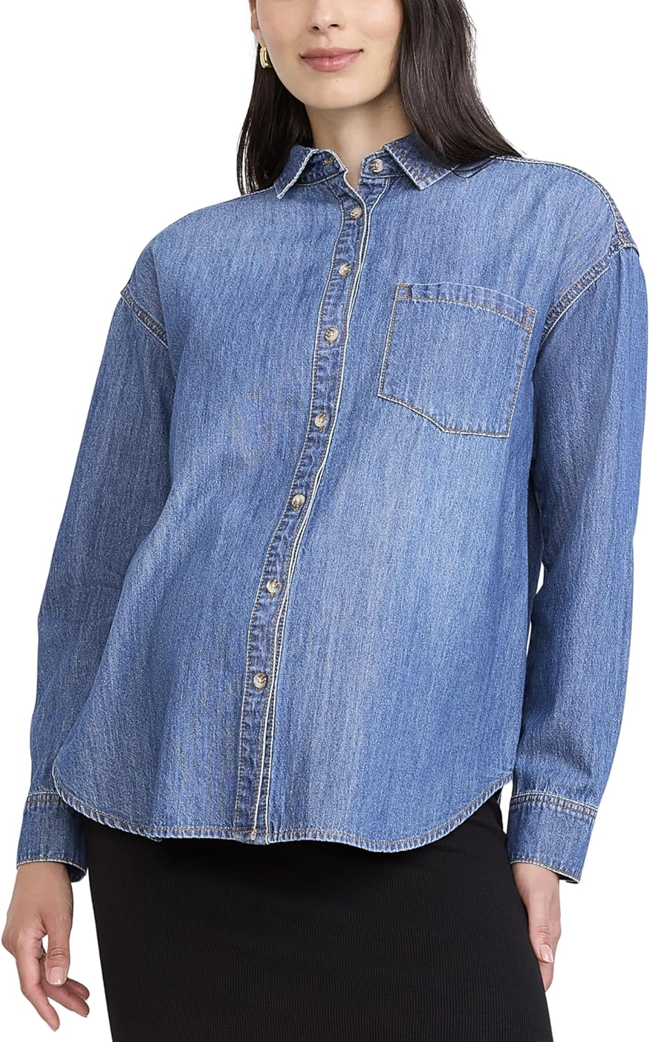 Motherhood Maternity Women'S Denim Shacket Long Sleeve Button down Pregnancy Shirt image number 5