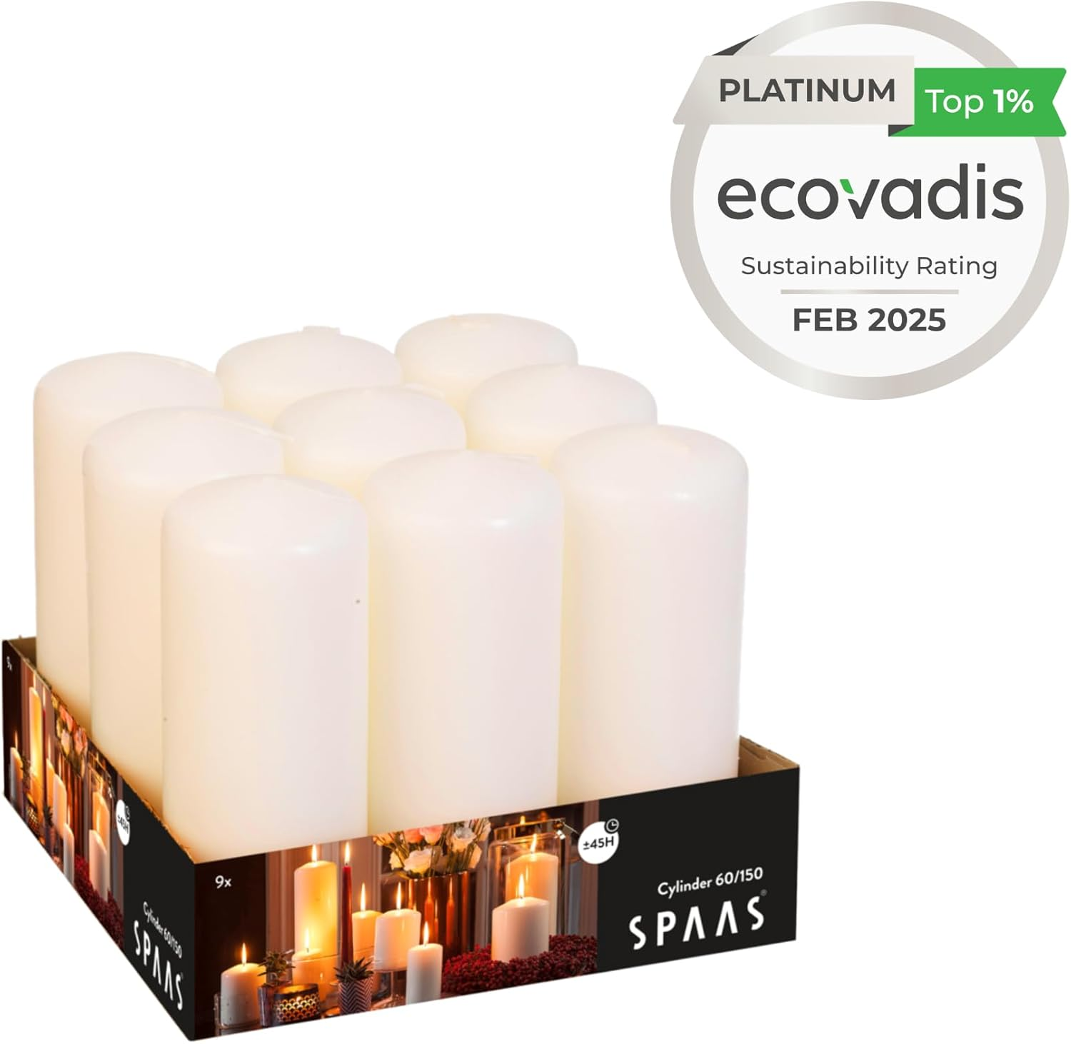 Spaas Tray of 9 Unscented Pillar Candles 60/150 Mm, &plusmn; 45 Hours, Ivory - Ivory image number 2