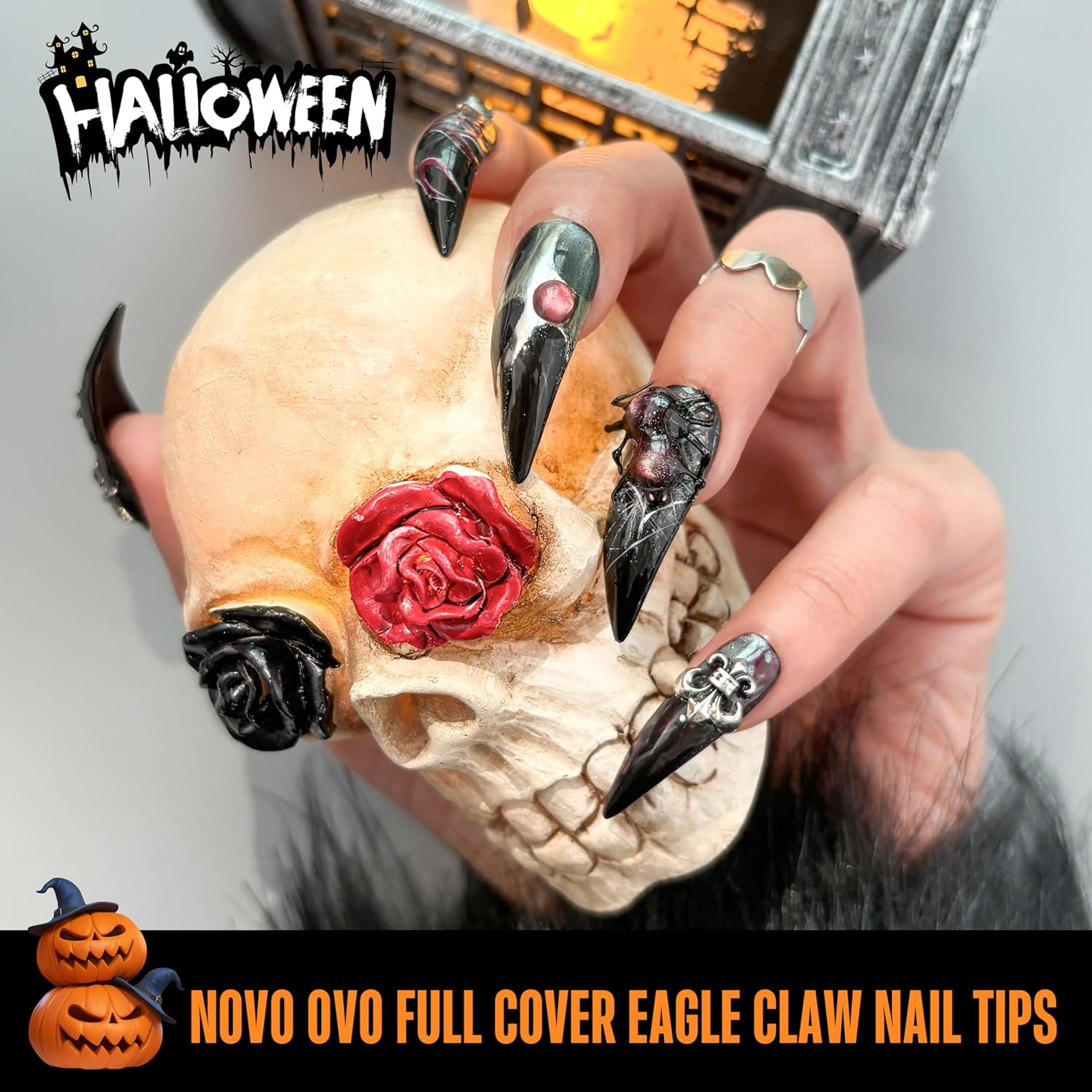 NOVO OVO Halloween Black Nail Tips Curved Stiletto, Full Cover Gel X Extension Kit for 3D Eagle Claw Nails, Extra Thick Hawk Deep Curve Almond French Tips Soft False Fake Acrylic Nail 12 Size 120Pc image number 2