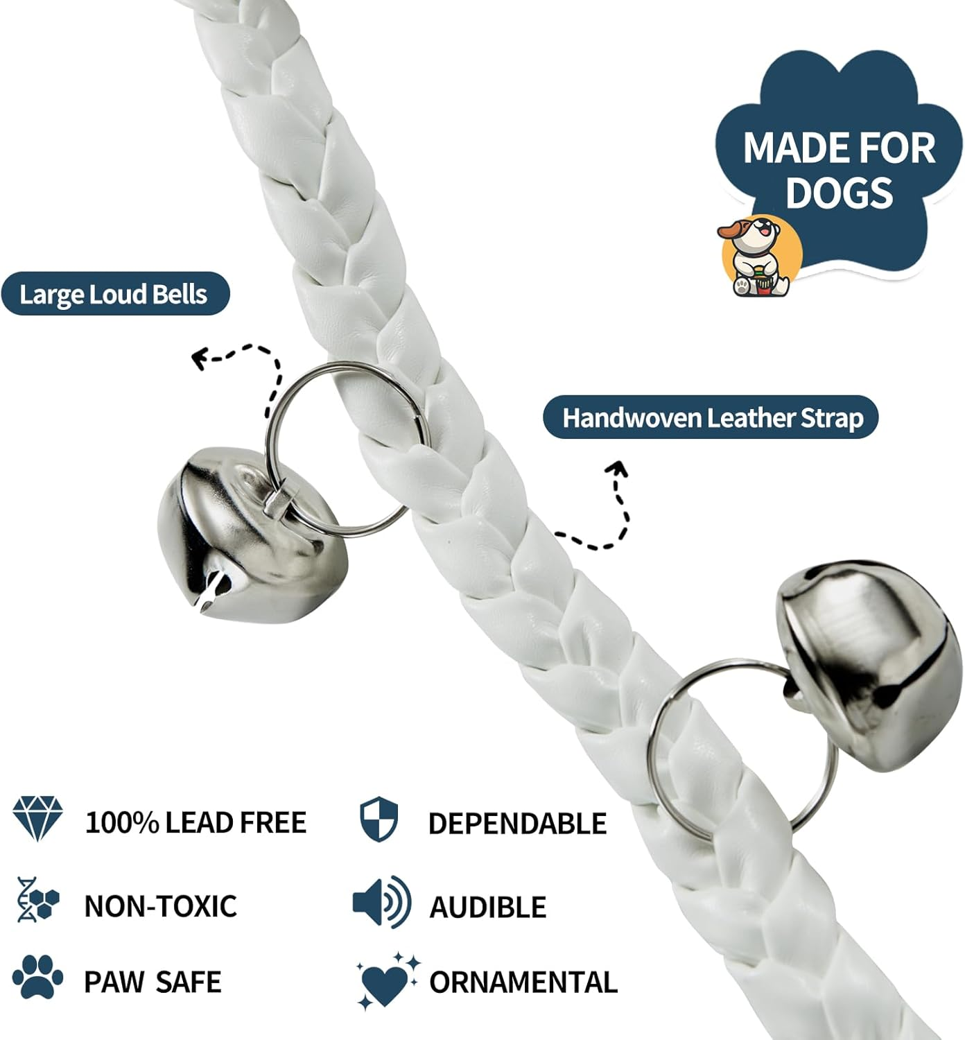 Dog Doorbells for Potty Training, Poly Urethane Puppy Door Bells, Hand-Woven Dog Bells for Dog Training, Extra Loud Bells for Door Knob, Ring to Go outside Doggie Pet Supplies. (White)