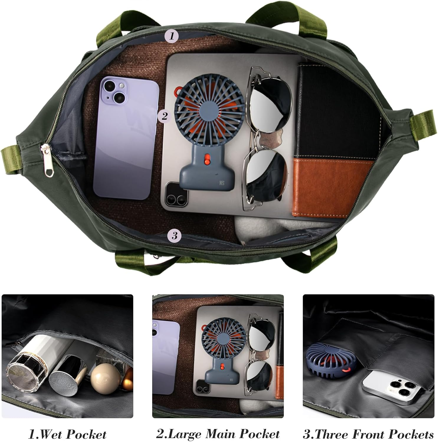 Duffel Bag - Large Shoulder Weekender Overnight Bag, Carry on Bag with Wet Pocket, Waterproof Expandable Duffel Bag with Trolley Sleeve, Olive Green image number 4