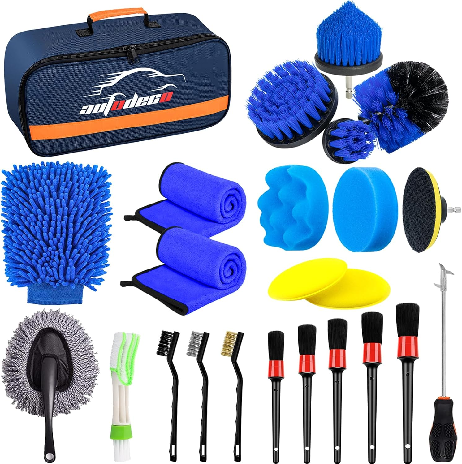 AUTODECO 37Pcs Car Detailing Brush Set, Car Detailing Kit, Auto Detailing Drill Brush Set, Car Detailing Brushes, Car Wash Cleaning Tools Kit with Car Vacuum for Interior, Exterior, Wheels, Blue