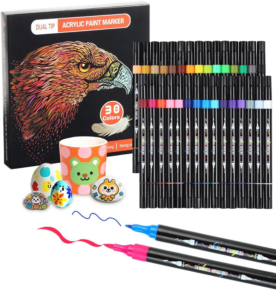 30 Colors Dual Tip Acrylic Paint Pens, Acrylic Paint Markers Set for Rock Painting, Wood, Ceramic, Canvas, Calligraphy,Diy Crafts Art Supplies