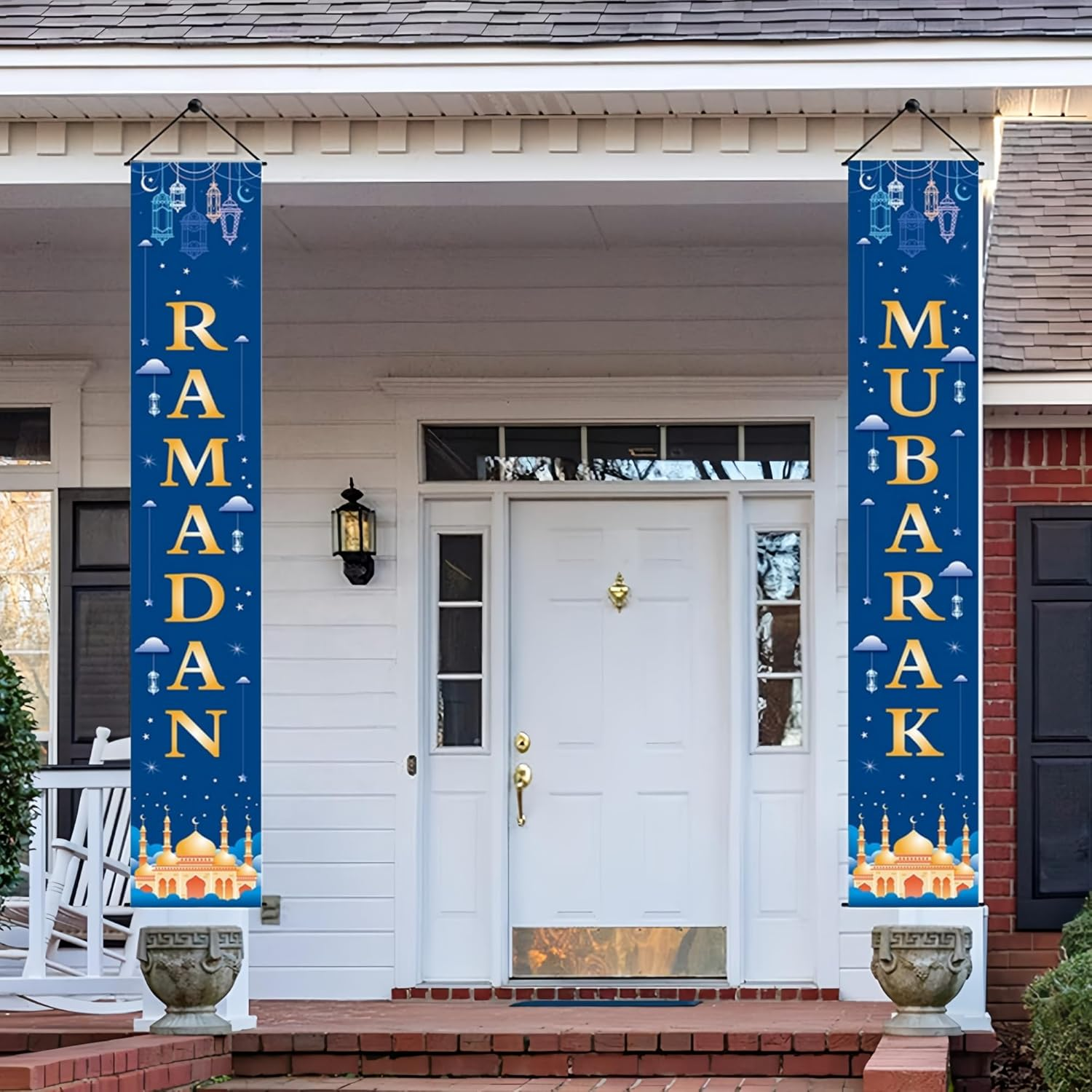 Blue Ramadan Mubarak Banner Eid Mubarak Door Sign Hanging Banners Decoration Set for Ramadan Themed Party Indoor and Outdoor Party Supplies Decorations(70.8X 43.3In） image number 5