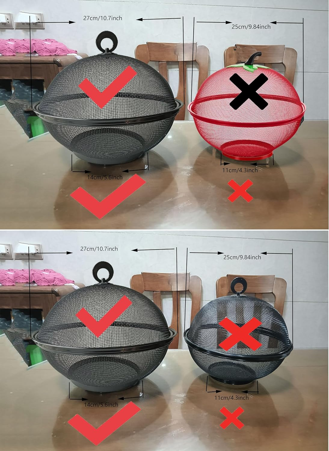 QWXOSR Fruit Basket with Lid - Decorative Fruit Bowl Metal Wire Basket Covered Fruit Bowl Strainer for Fruits Vegetables Fruit Display Stand Keeps Flies Out &Phi;10.7 (2 Fruit Baskets+2 Lids) (Black) - Gray image number 3