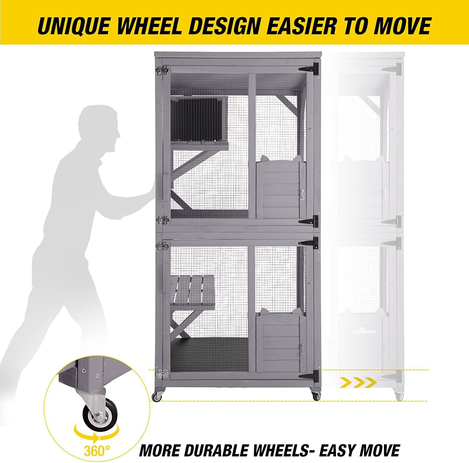 Wooden Cat House Outdoor and Indoor Run Large Cat Enclosure on Wheels 70.9" Upgraded Version Catio Cage with Reinforcement Wooden Strip,Waterproof Roof image number 4