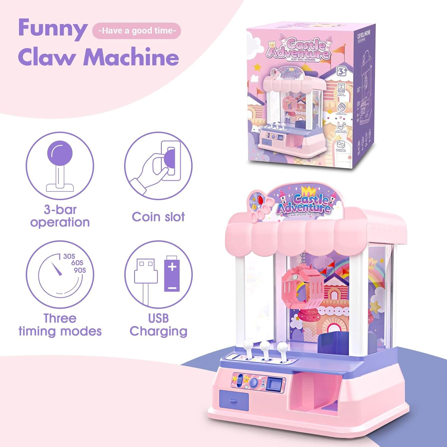 Kidbot Mini Claw Machine Kids Toy Candy Grabber Carnival Prize Claw Machine W/Led Lights & Sound Effects,Birthday,Pink image number 6