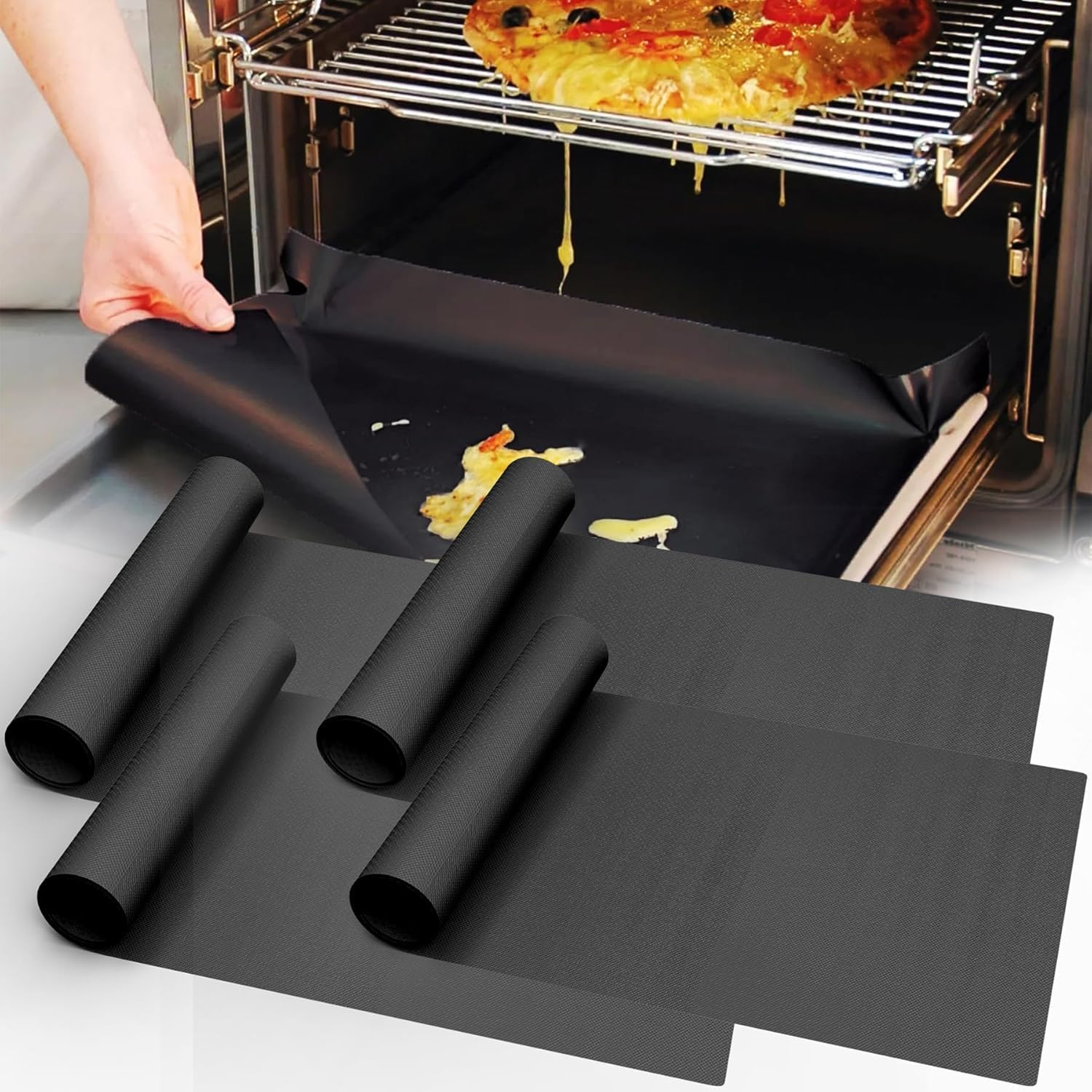 4Pack Oven Liners for Bottom of Electric & Gas Oven | Heavy Duty Nonstick Teflon Baking Mats | Heat Resistant (500&deg;F), BPA/PFOA Free | Easy-Clean Oven Floor Protector for Grills & Stovetops image number 3