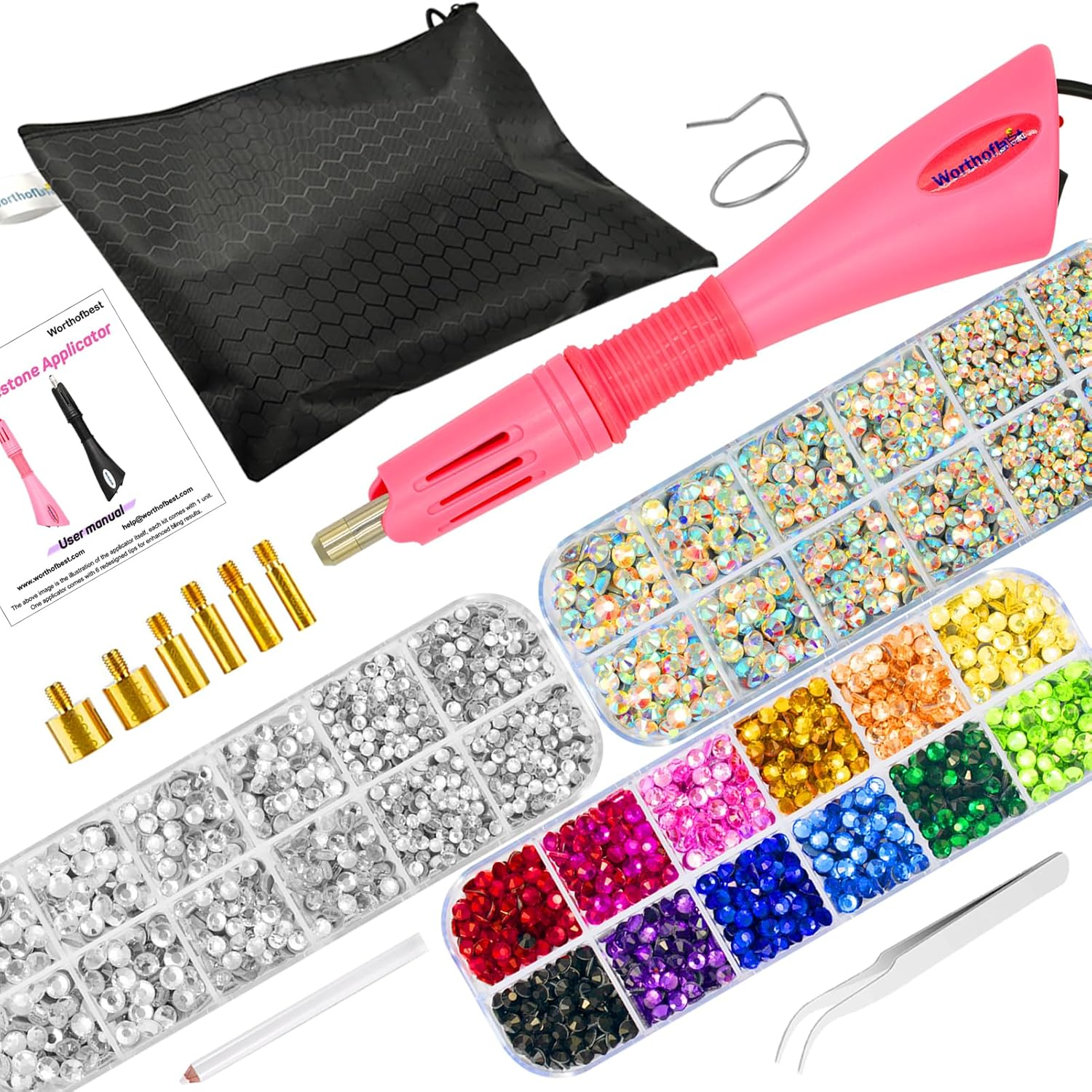 Worthofbest Hotfix Rhinestone Setter, Hot Fix Applicator Tool Bedazzler Kit with Rhinestones, Kit, Hot Fixed Wand for Clothes Clothing Fabric Crafts, 5000 Pcs, AB Crystal, Clear, 3 Gems Sizes, Tips image number 3
