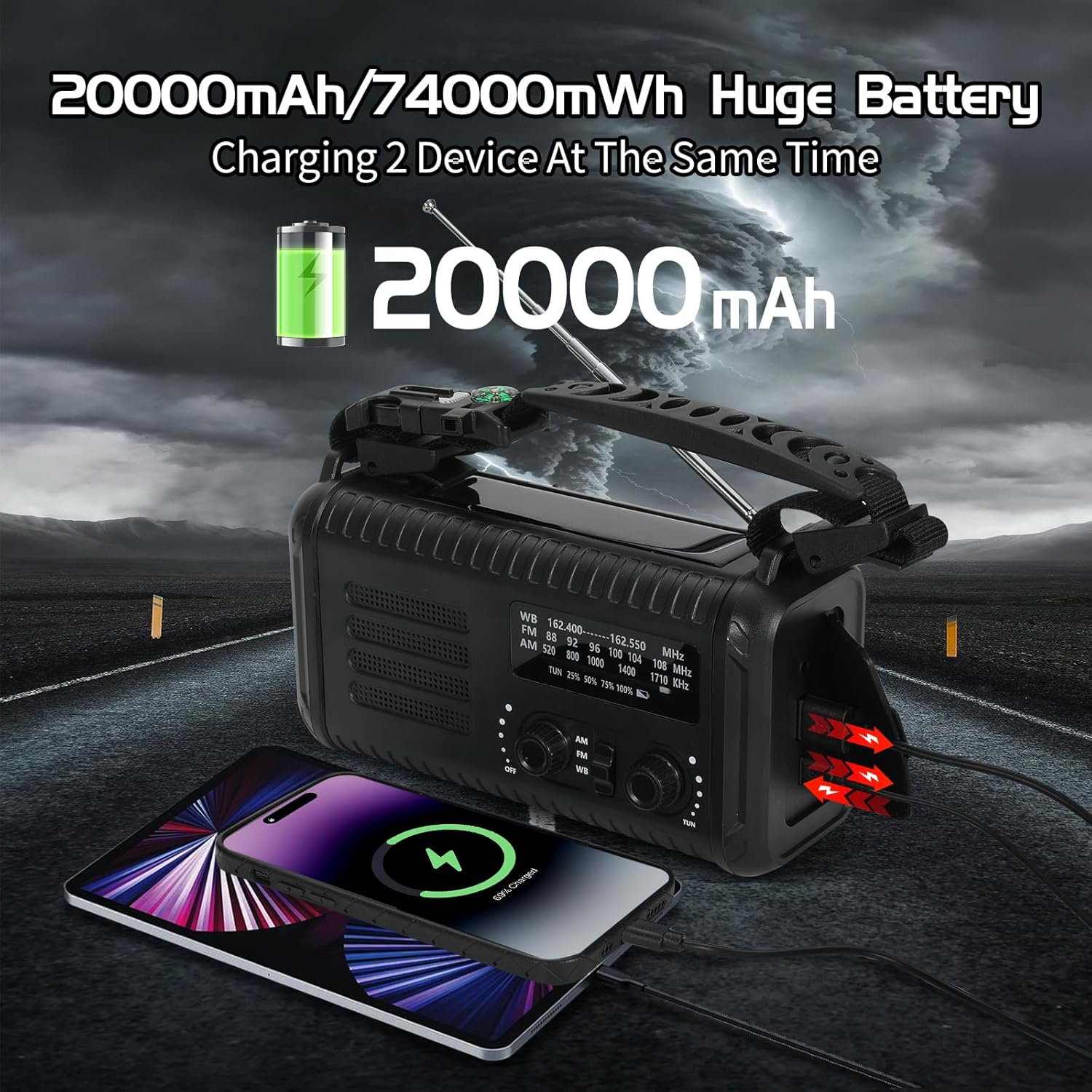 Emergency Weather Radio,20000Mah Solar Radio, Hand Crank Radio with AM/FM/NOAA, Portable Radios with Flashlight & Reading Lamp, Earphone Jack,Sos Alarm, Phone Charger for Indoor Outdoor Emergencies image number 3