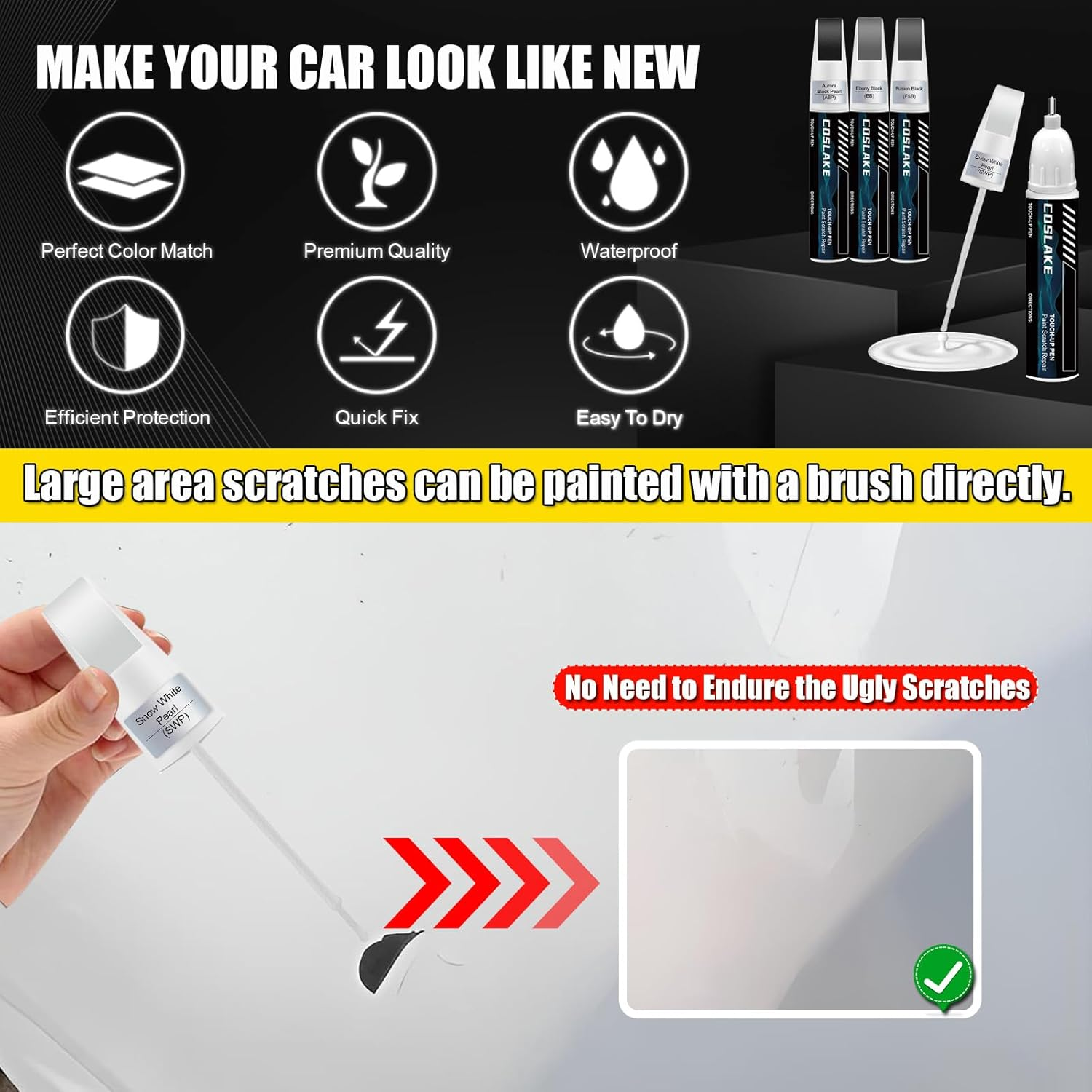 Car Touch up Paint(Snow White Pearl(Swp)) for Kia, Car Paint Scratch Repair Kit, Quick & Easy Solution to Repair, 2 in 1 Scratch Remover Pen with Color-Matched image number 3