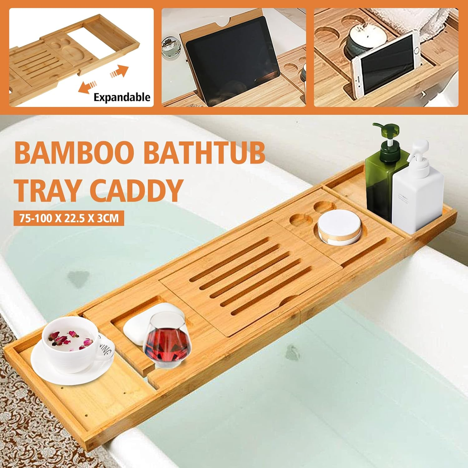 Bath Caddy Tray for Bathtub, Bathroom Bathtub Tray with Table Holder - Birthday Gifts for Women, Warming Gifts, Adjustable Bath Tray Bamboo Bathroom Accessories (Natural) image number 3