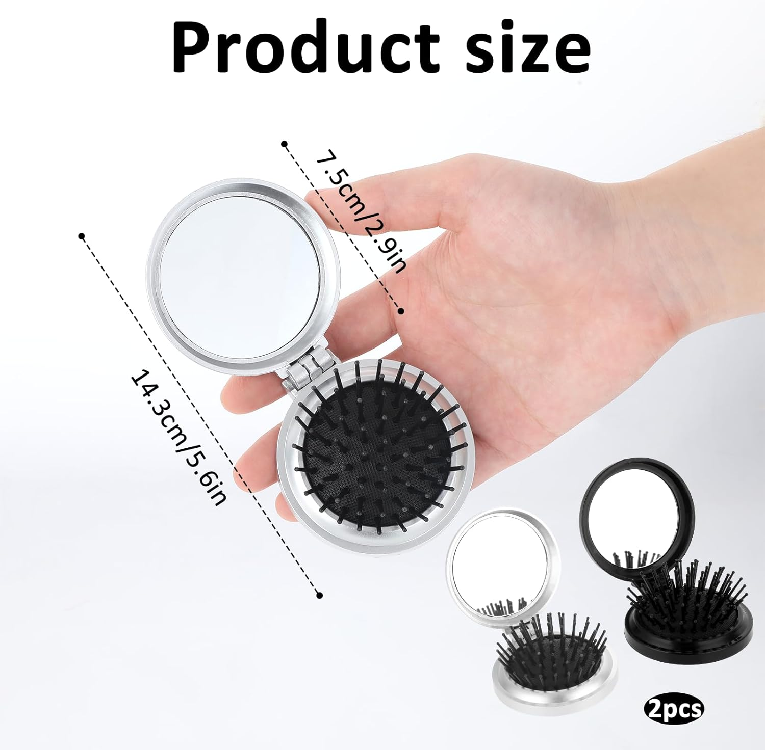 Round Folding Hair Brush, 2 Pieces Mini Hair Brush with Mirror Pocket Hair Massage Comb Portable Foldable Hair Brush Small Compact Purse Brush Travel Size Wet Hair Brushes for Women Girls Men image number 5