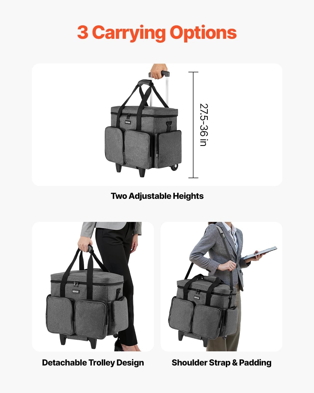 VEVOR Rolling Laptop Bag, Fits up to 15.6 Inch Laptop, Wheeled Briefcase, Teacher Roller Computer Tote Bag with Detachable Trolley & Telescopic Handle, Laptop Case for Work Travel, Women & Men (Gray) image number 6